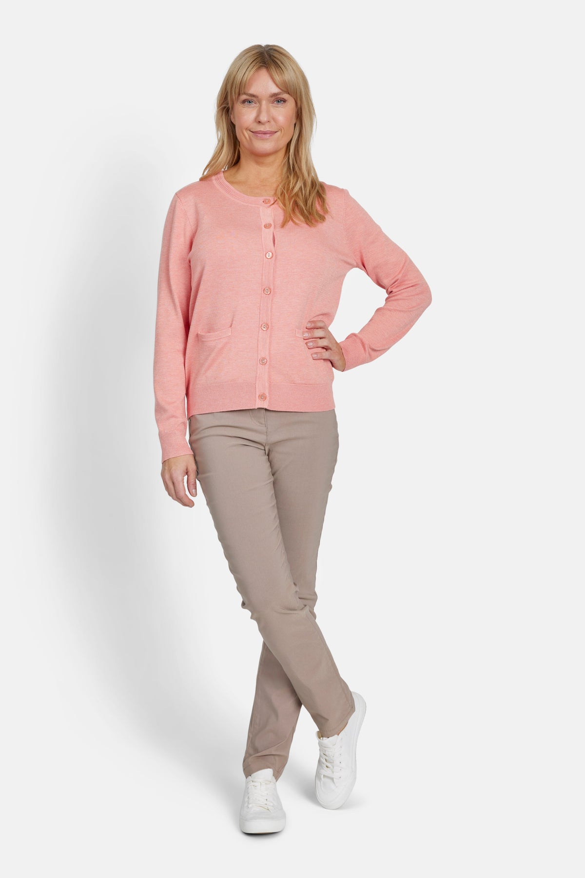 Langærmet Cardigan - Koral - Lommer