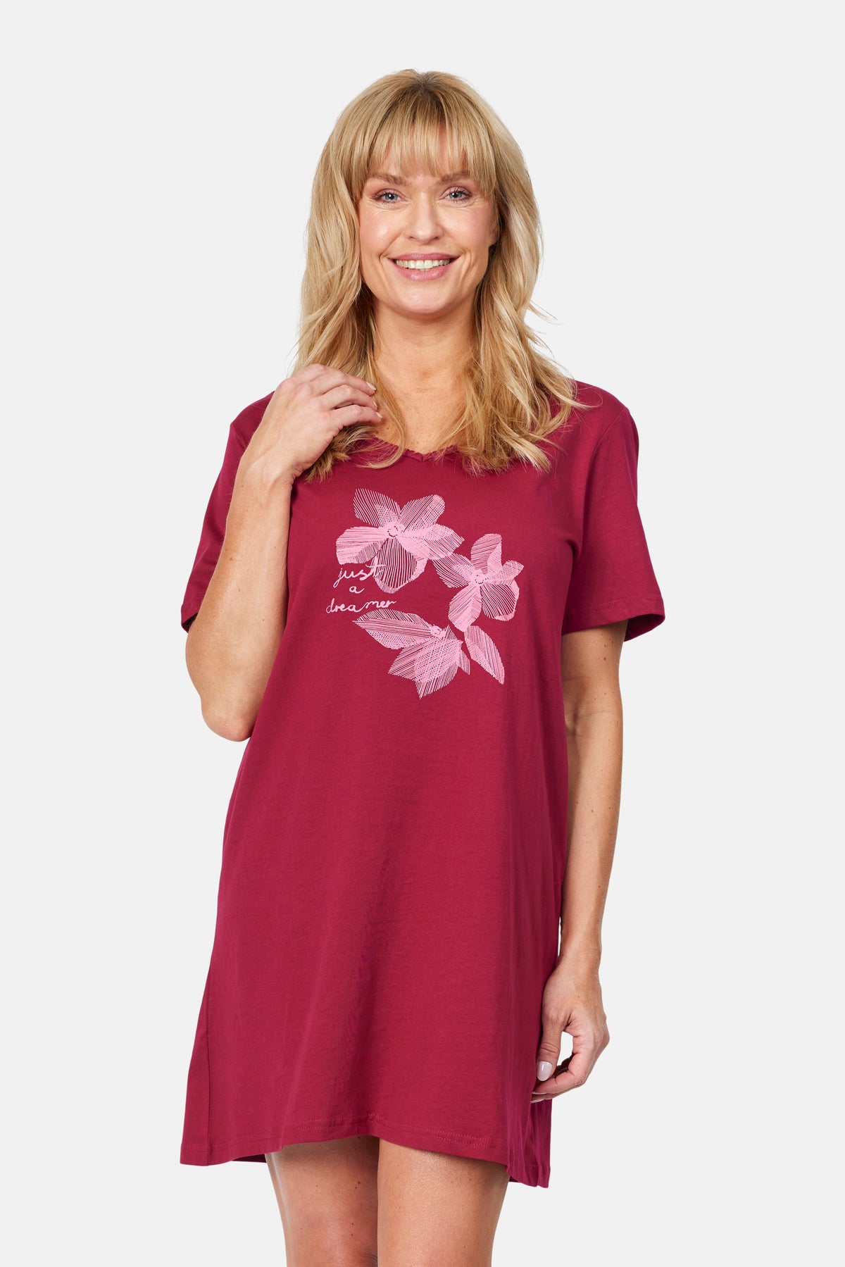 Natkjole - Rød - Blomsterprint