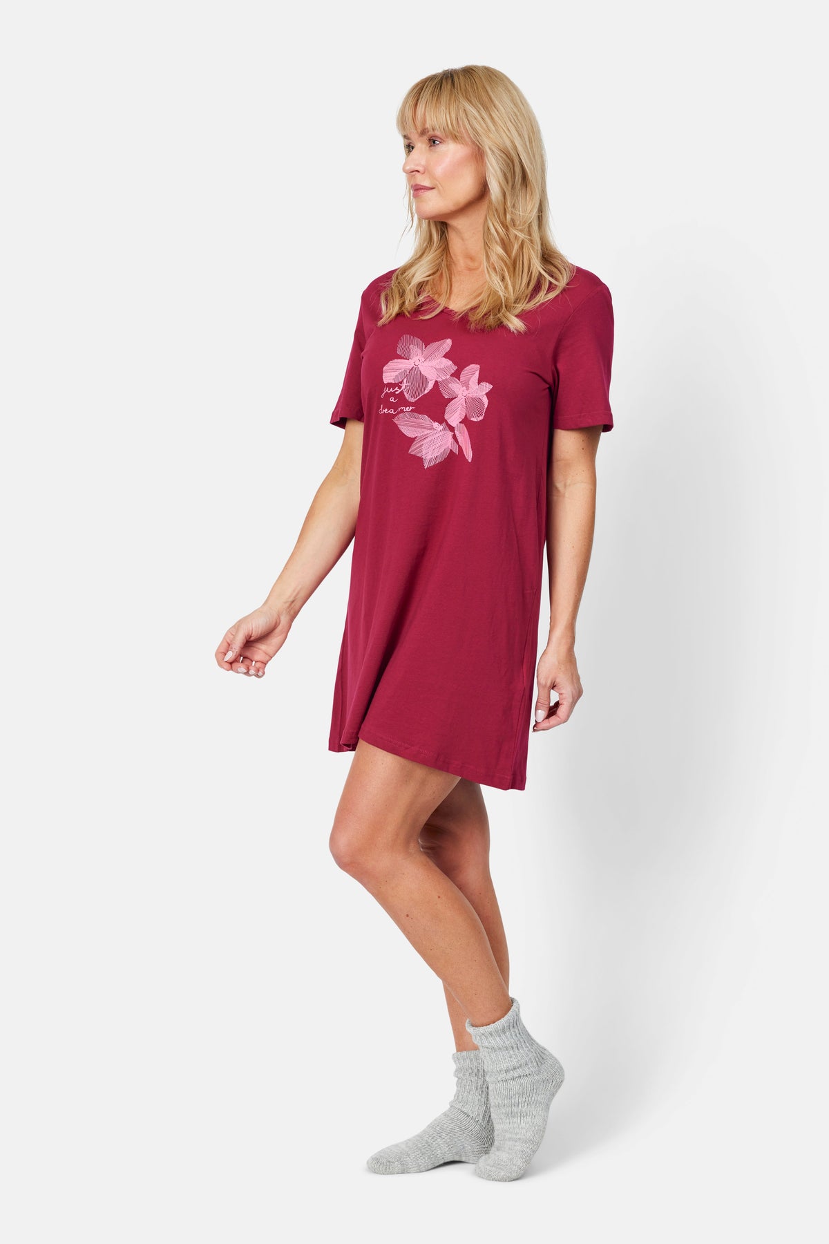 Natkjole - Rød - Blomsterprint