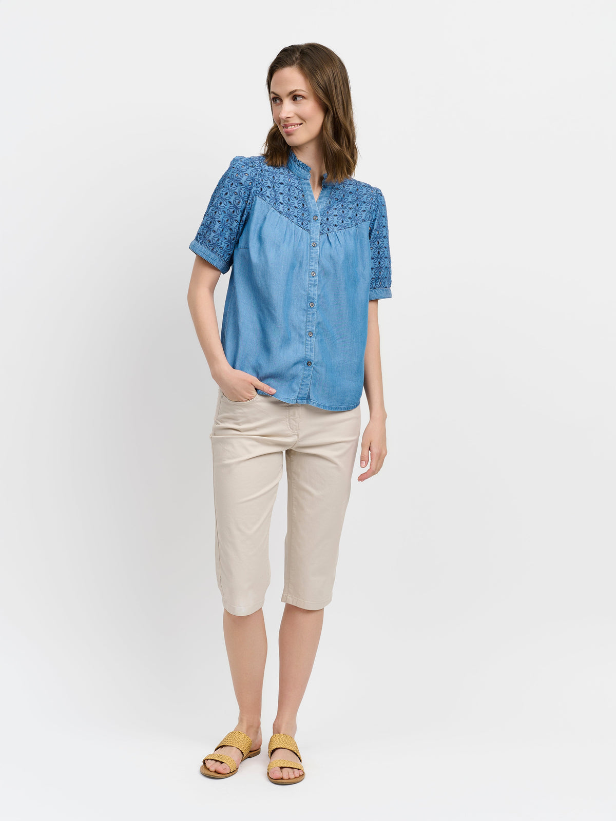 Kortærmet Denim Skjorte - Blå - Broderie Anglaise
