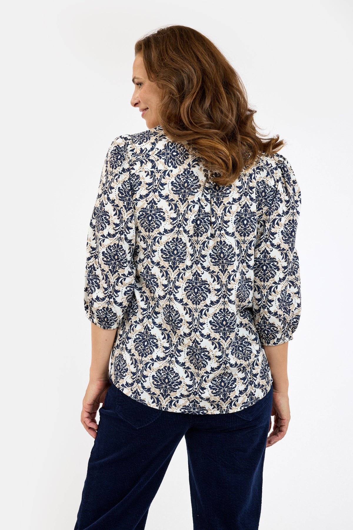 3/4 Ærmet Bluse - Navy / Sand Mix - Mønstret