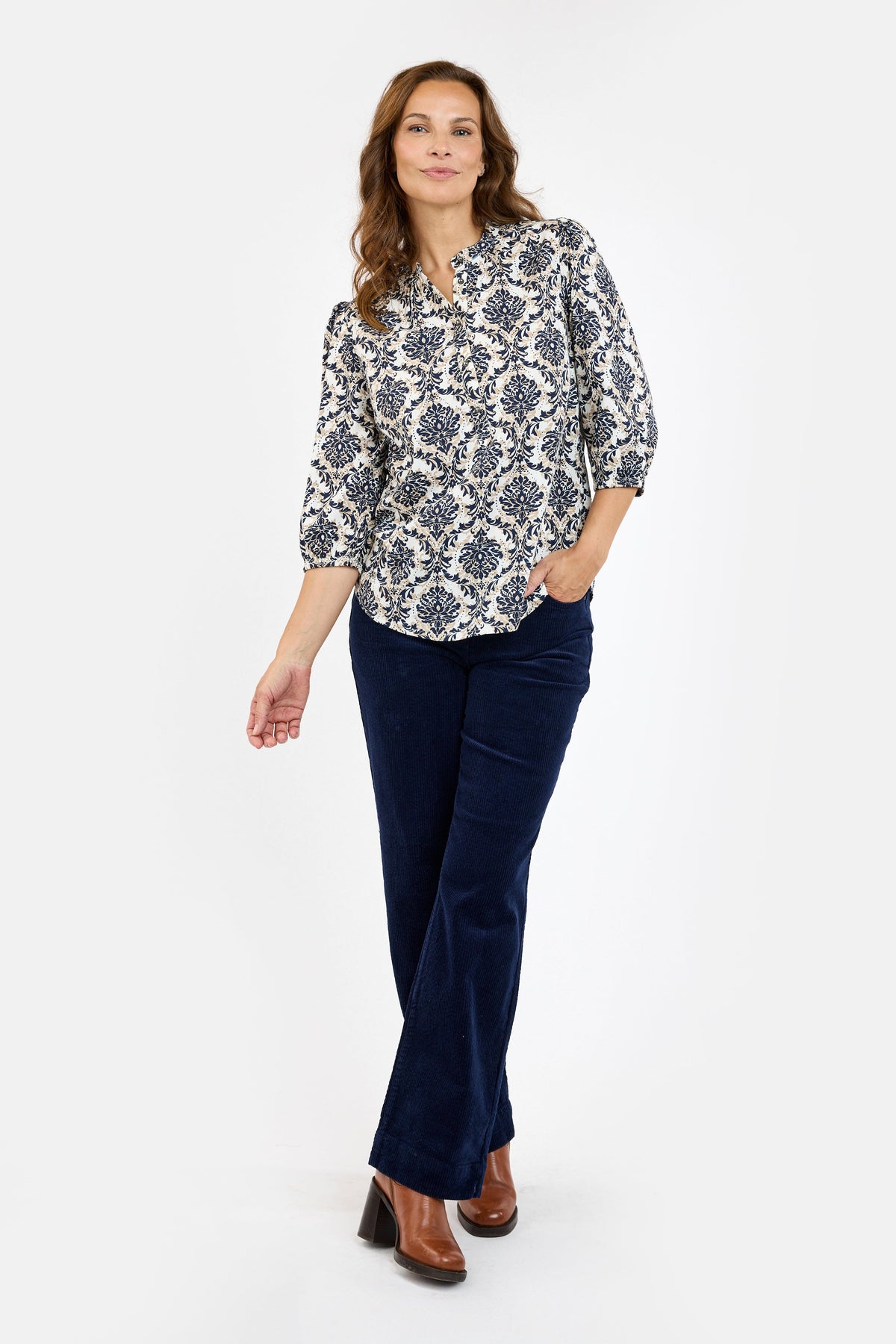 3/4 Ærmet Bluse - Navy / Sand Mix - Mønstret