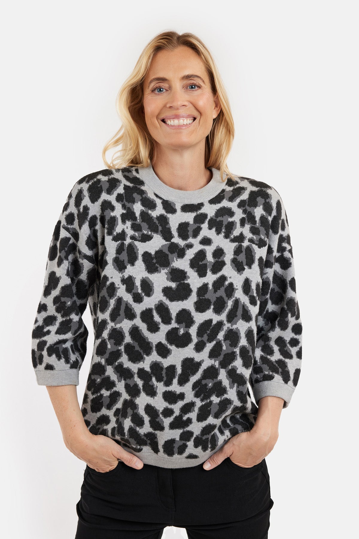 3/4 Ærmet Strik - Grå - Leopard Print
