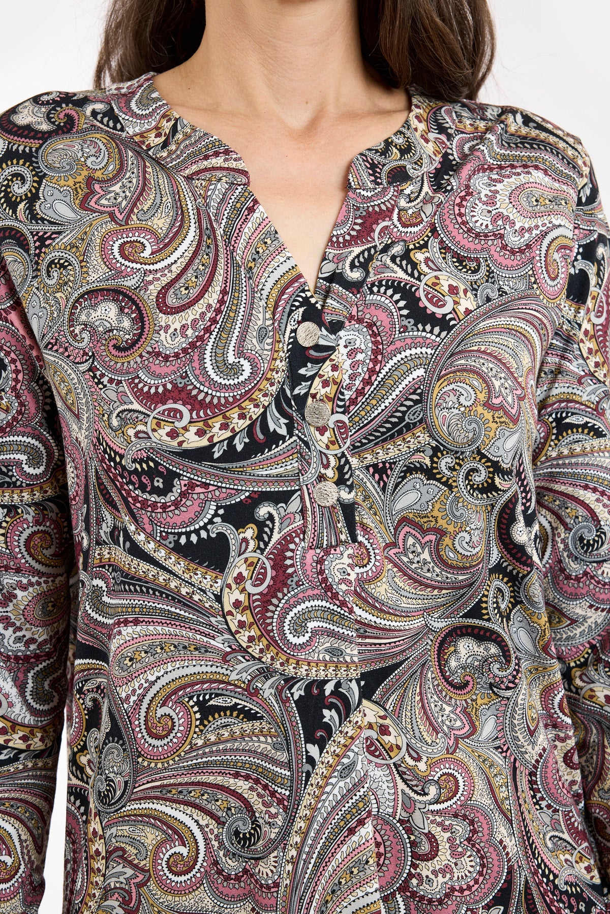 Langærmet T-shirt - Bordeaux Mix - Paisley Print