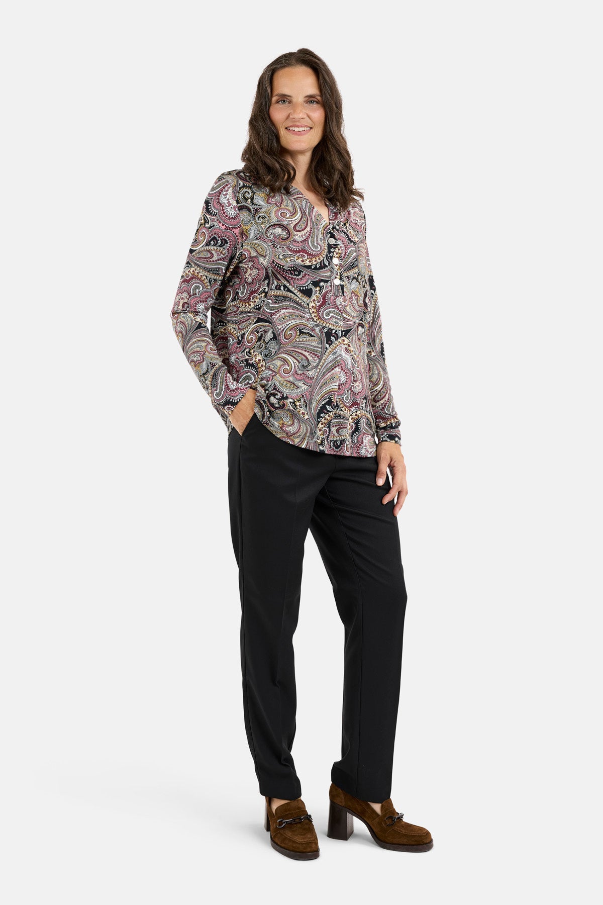 Langærmet T-shirt - Bordeaux Mix - Paisley Print