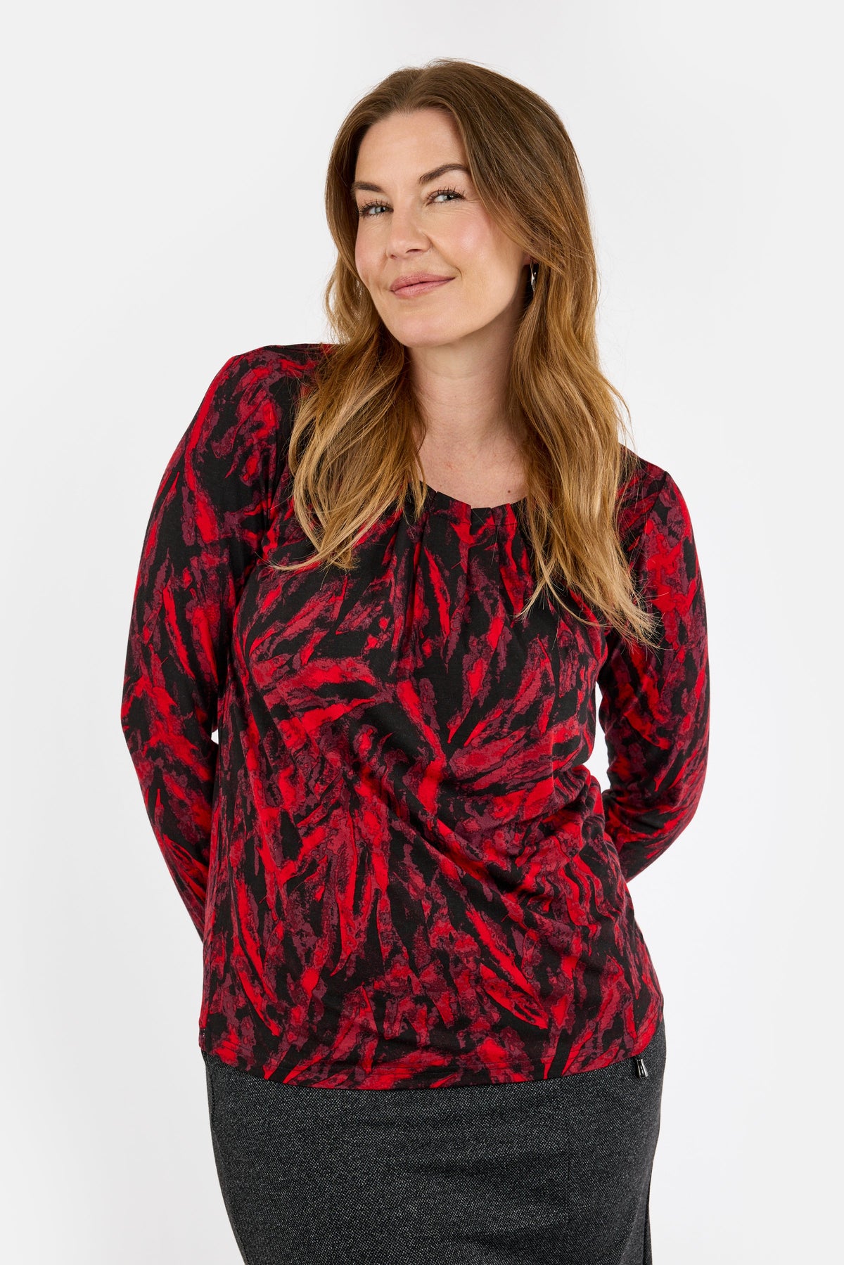 Langærmet T-shirt - Rød Mix - Mønstret