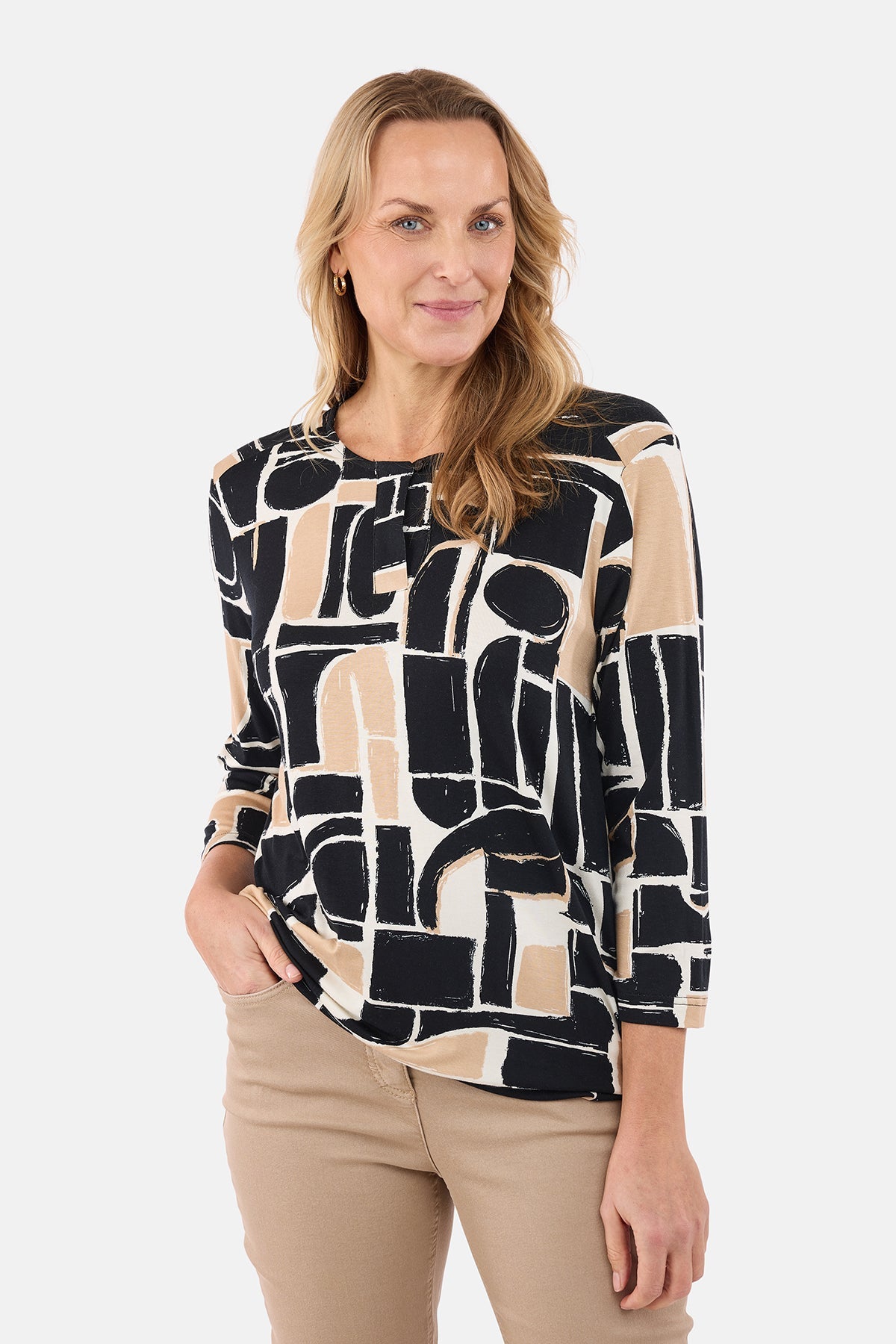 Langærmet T-shirt - Sort / Beige - Mønstret