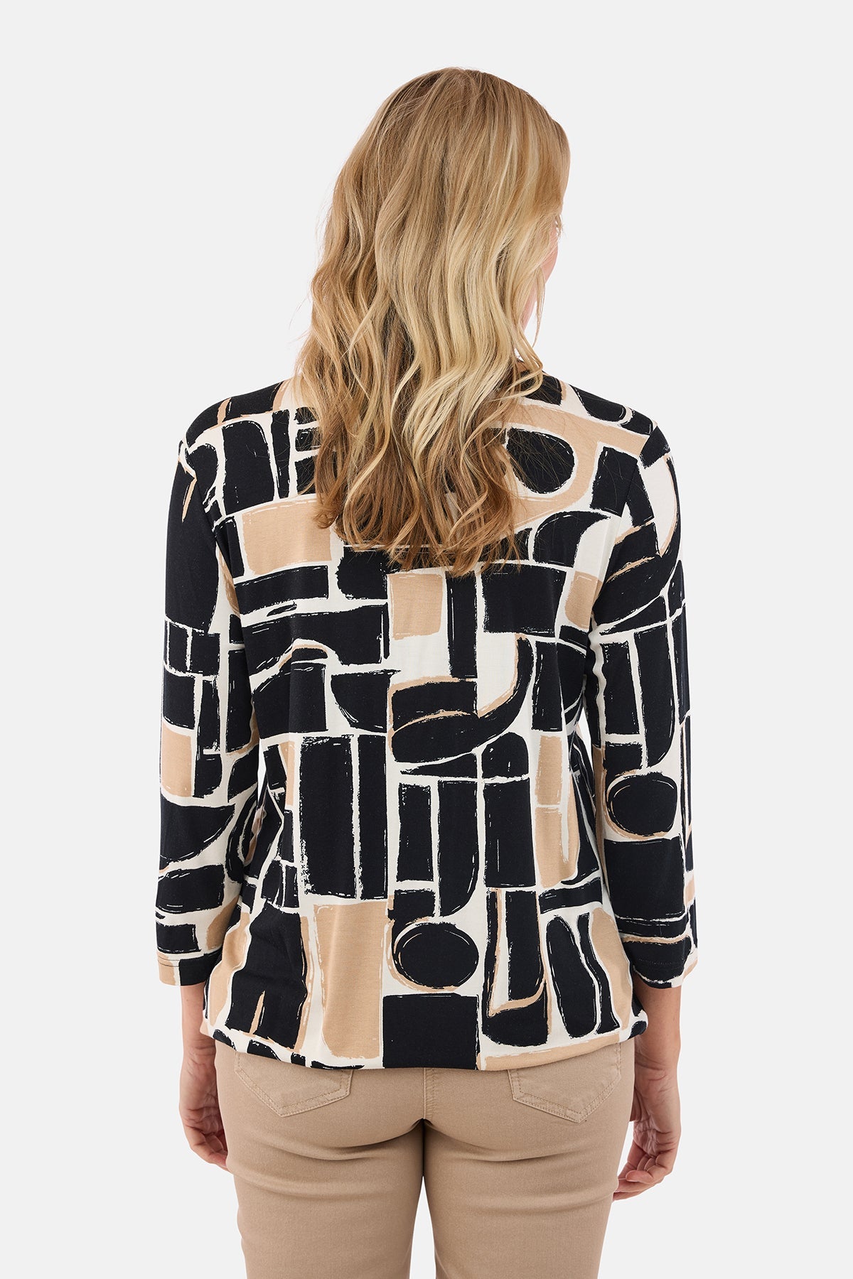 Langærmet T-shirt - Sort / Beige - Mønstret