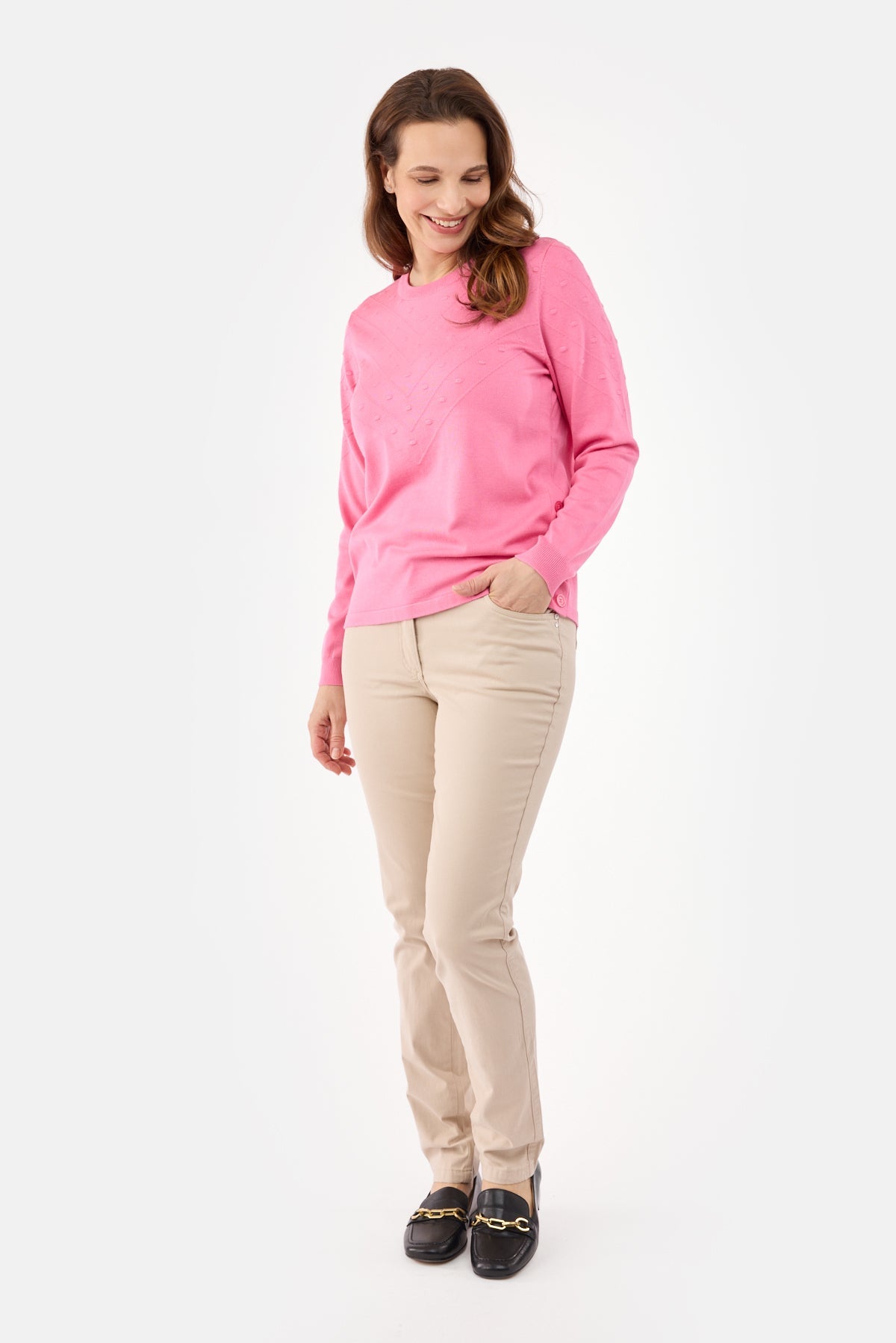 Langærmet Strik - Pink - Dekorative Knapper