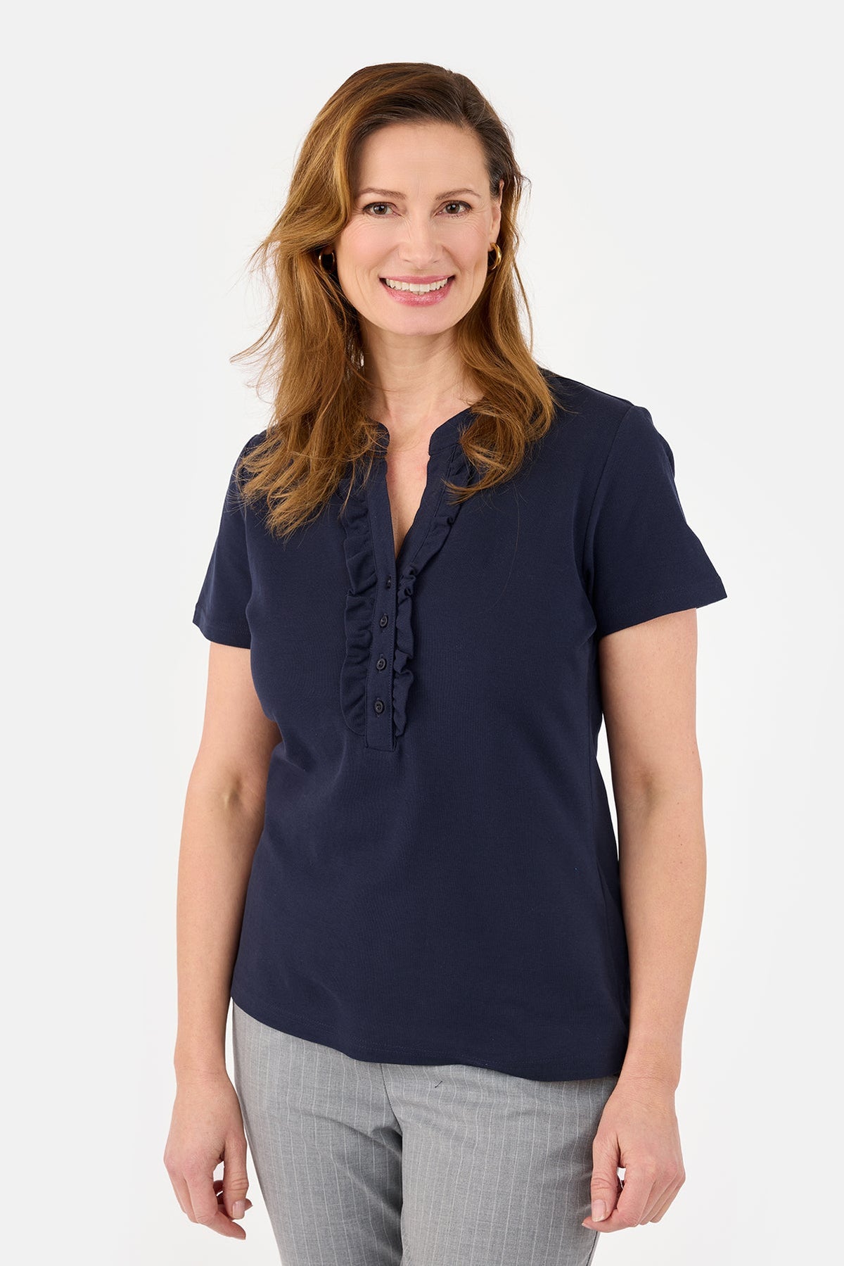 Kortærmet T-shirt - Navy - Flæsedetalje