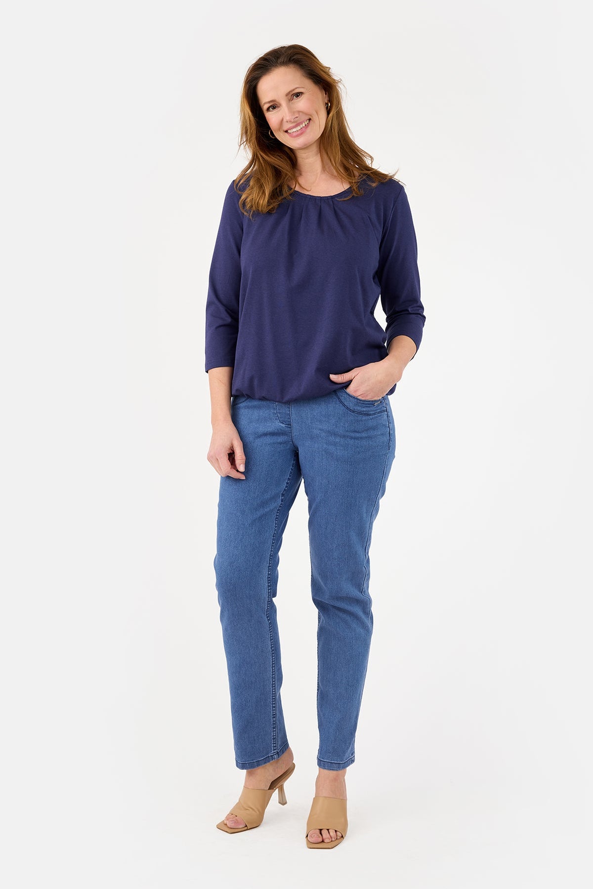 Langærmet T-shirt - Navy - Elastik i Linning