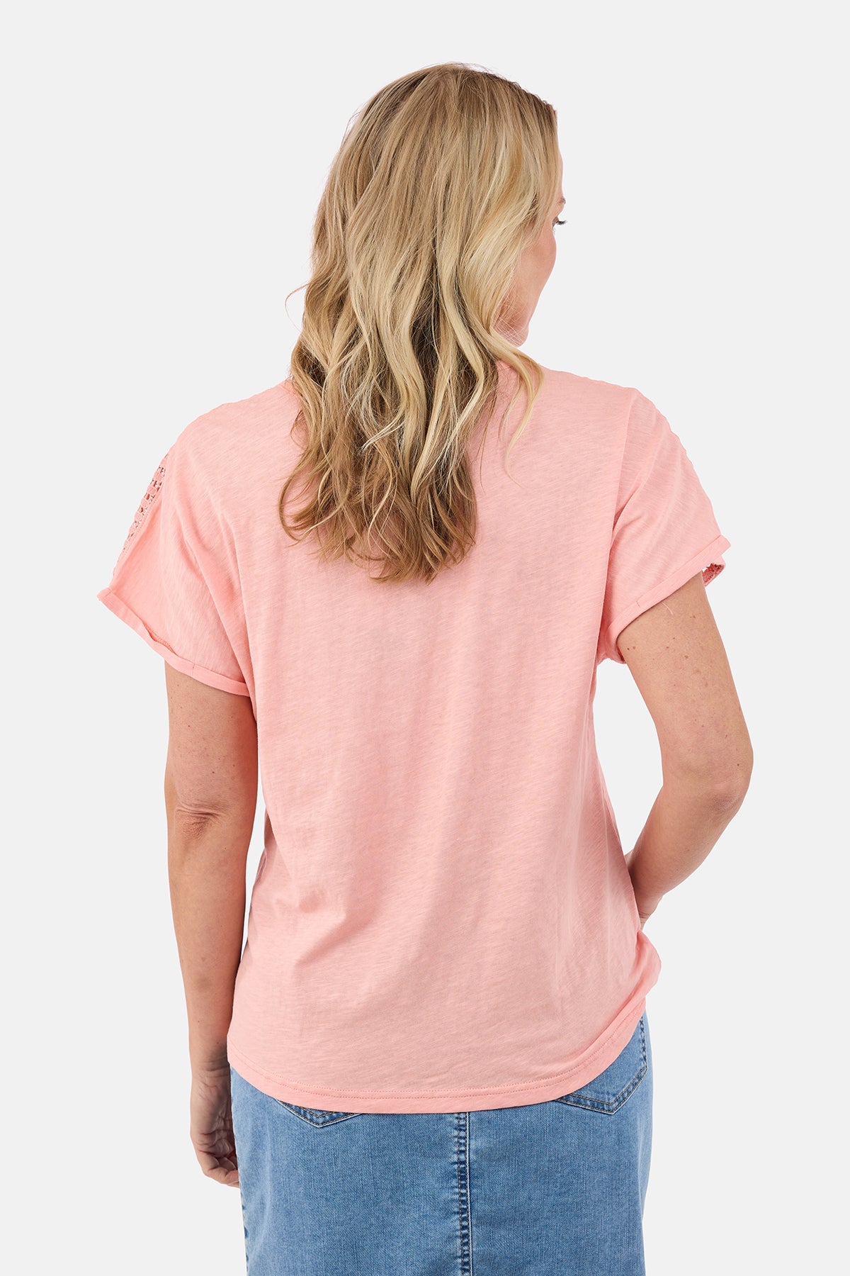 Kortærmet T-shirt - Lyserød - Blondeærmer