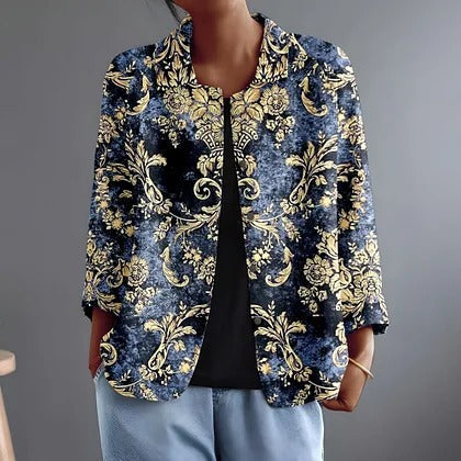 Nolwen | Marineblå skjortebluse med gyldent ornamentprint