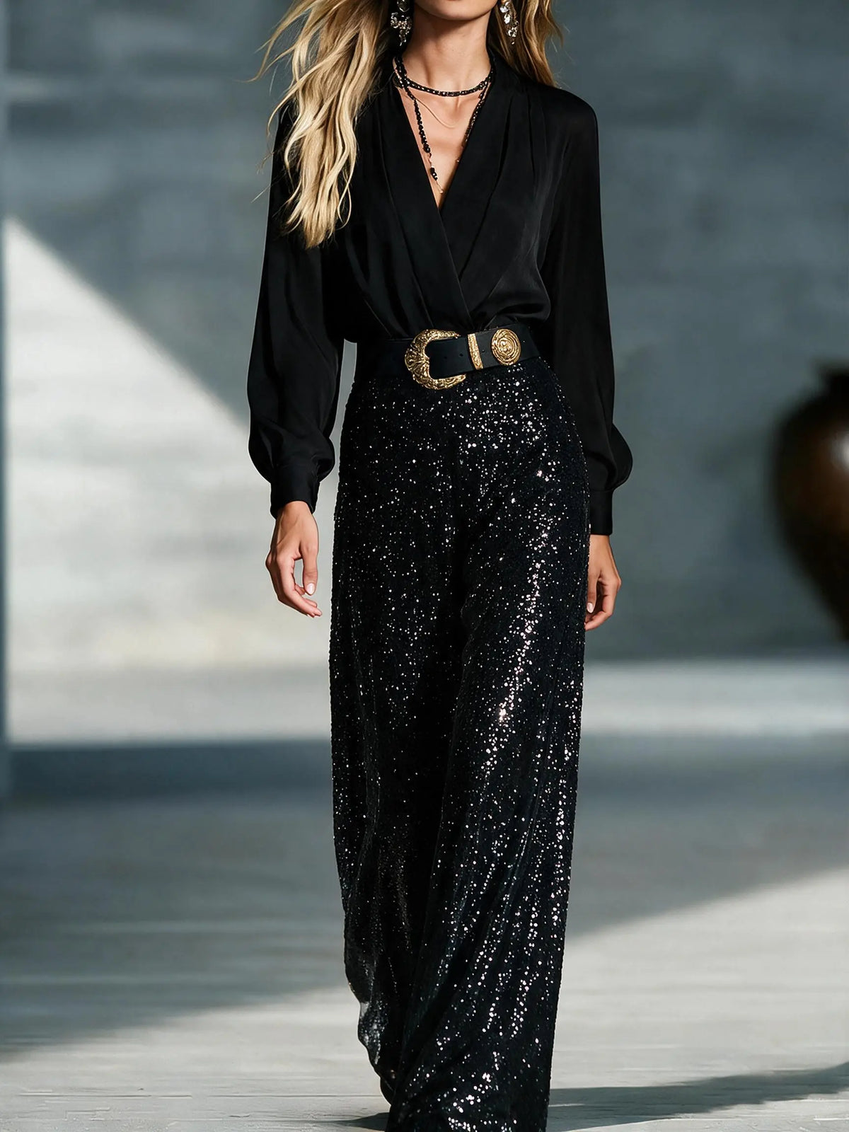 Valentina | Elegant pailletjumpsuit med V-hals, vide ben og bælte