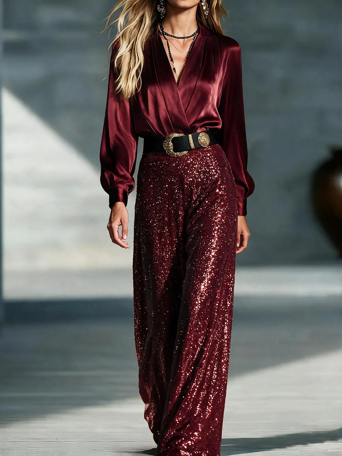Valentina | Elegant pailletjumpsuit med V-hals, vide ben og bælte