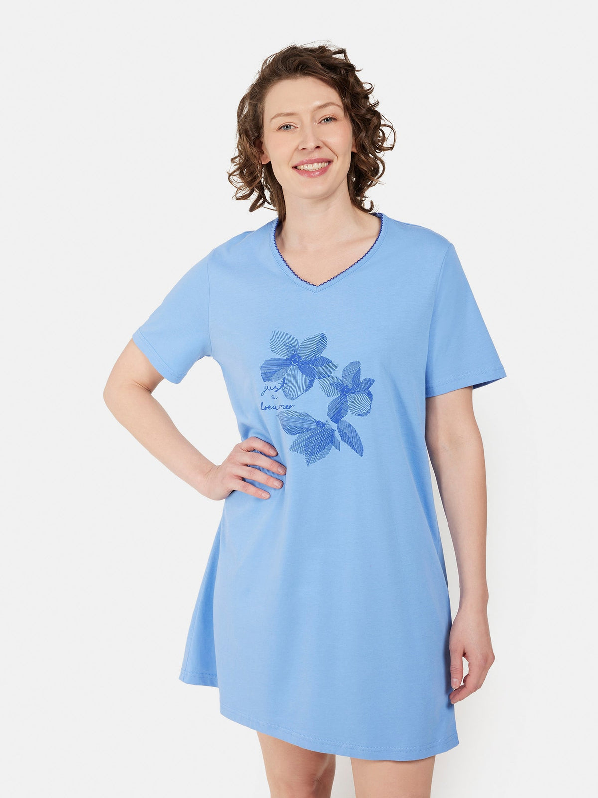 Natkjole - Lyseblå - Blomsterprint