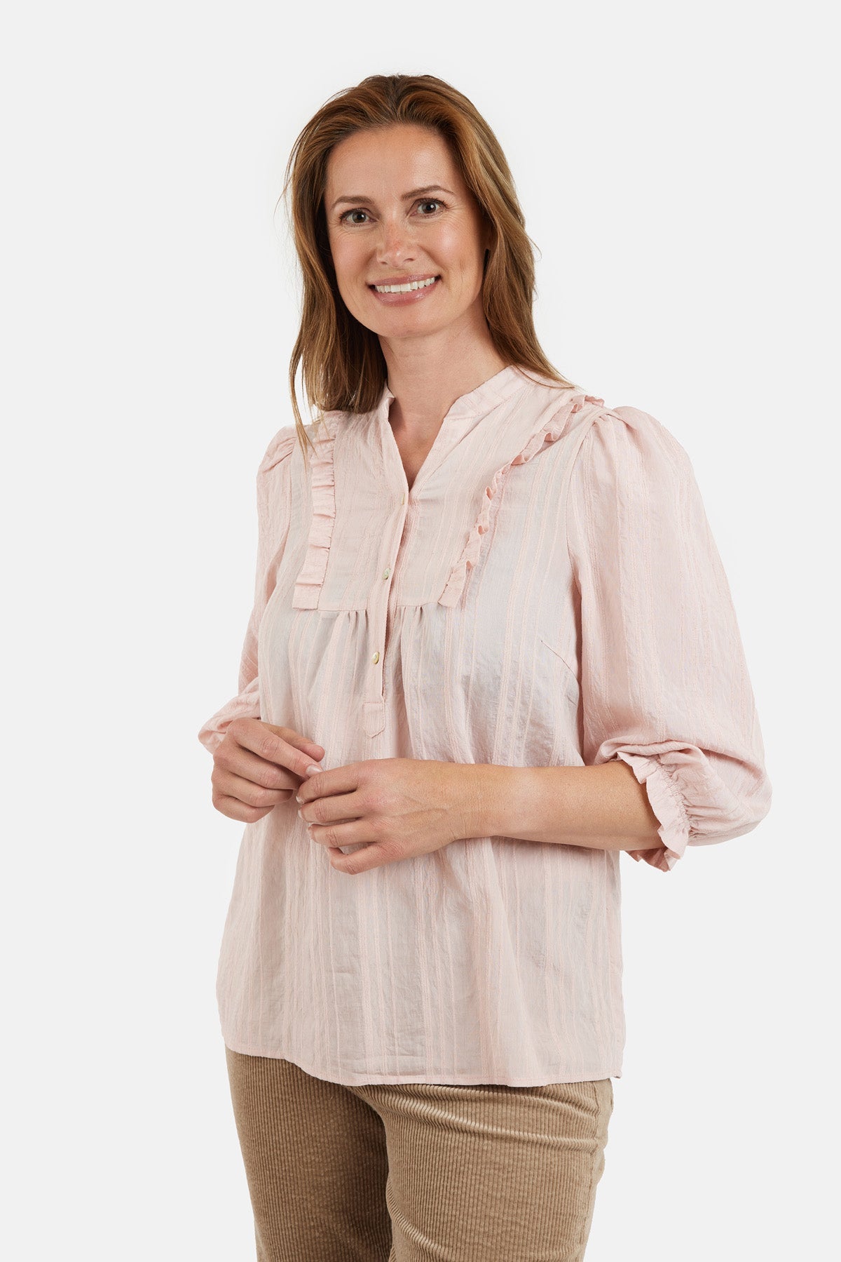 3/4 Ærmet Bluse - Rosa - Flæse Detalje