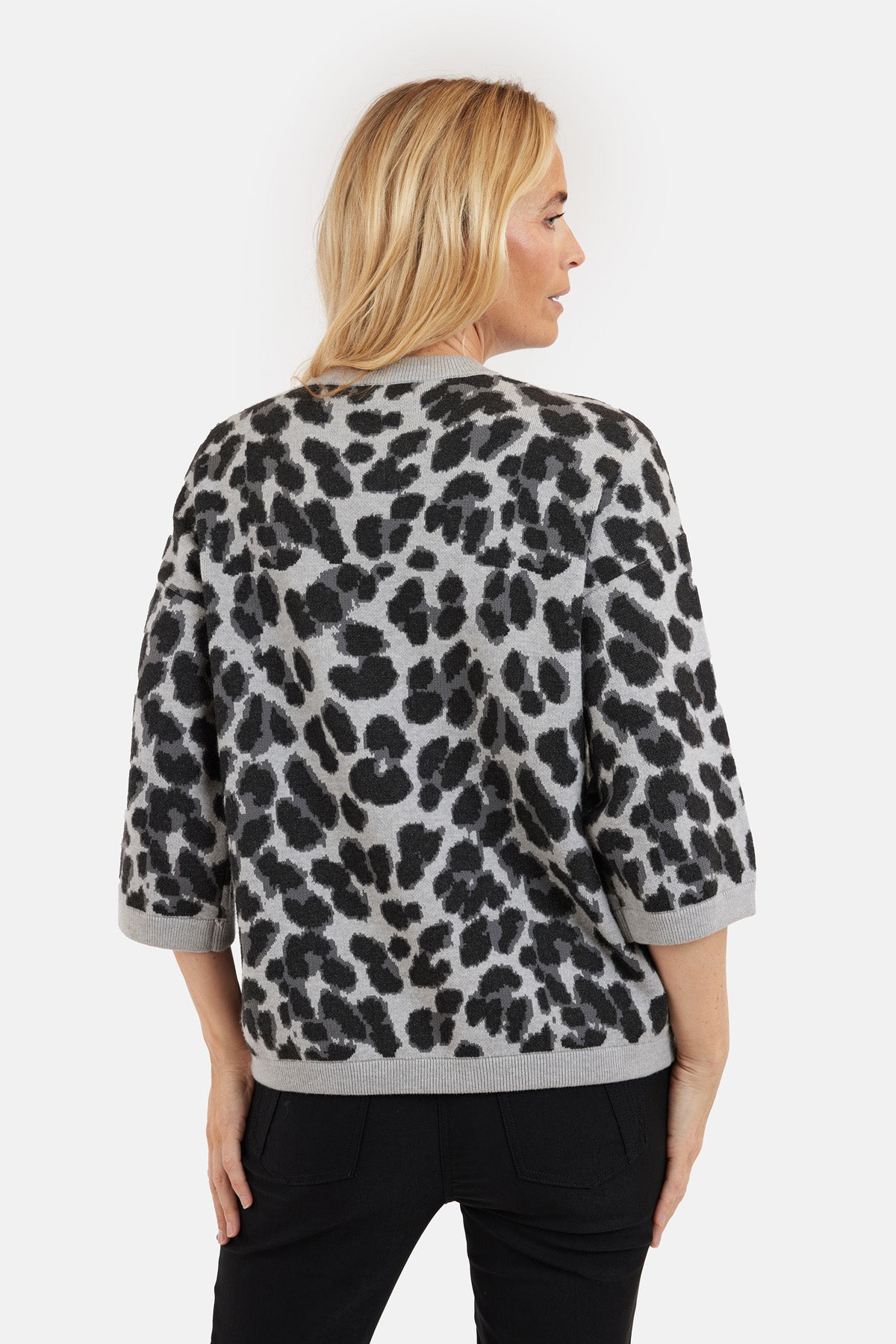 3/4 Ærmet Strik - Grå - Leopard Print