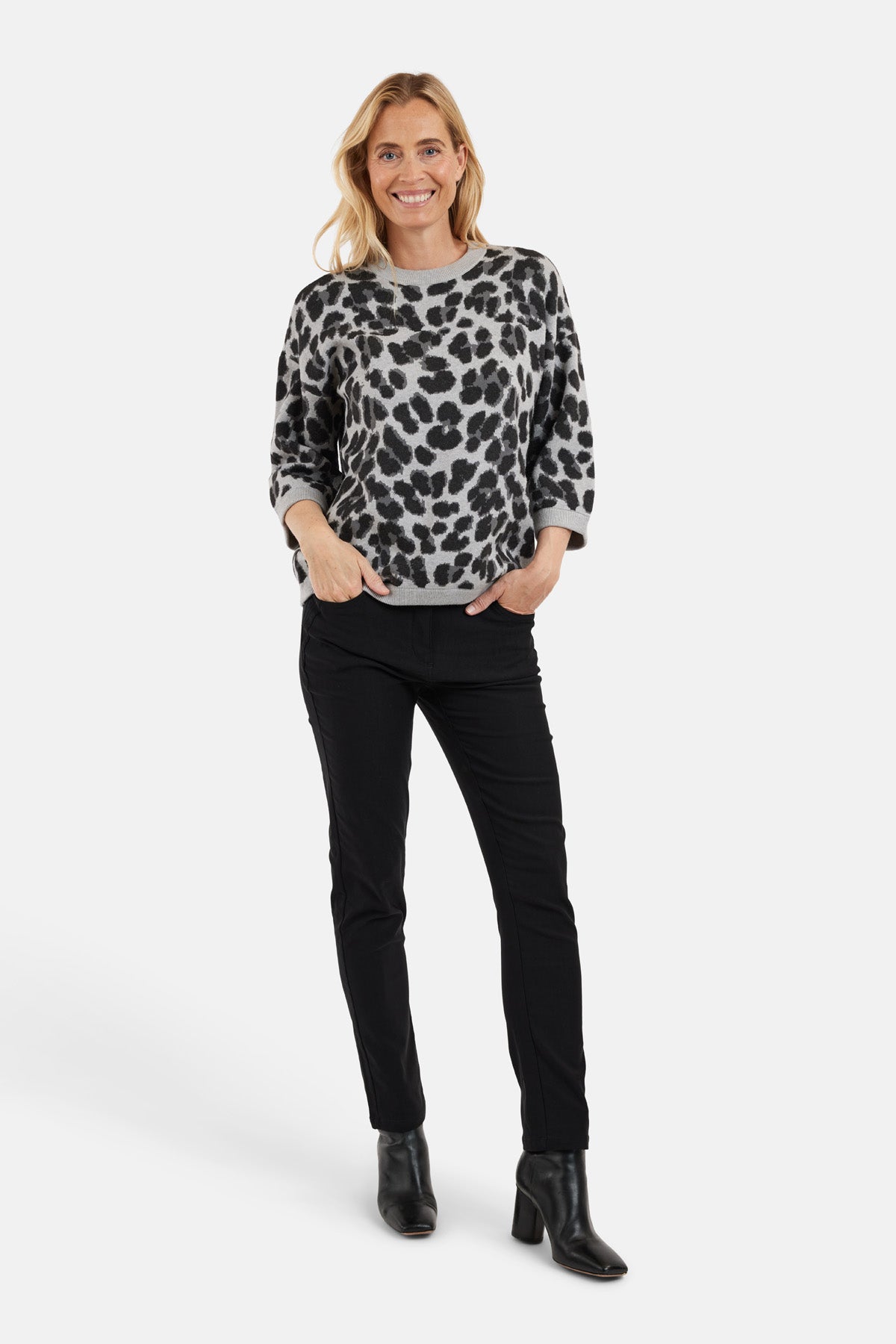 3/4 Ærmet Strik - Grå - Leopard Print