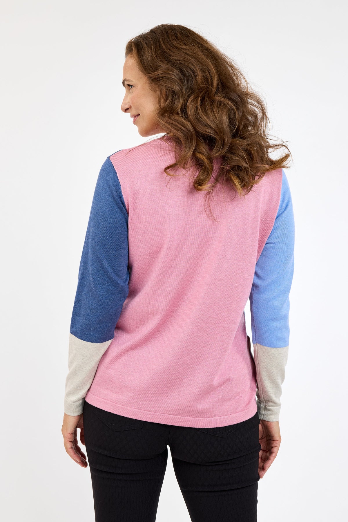 Langærmet Strik - Blå / Rosa Mix - Knap Detalje