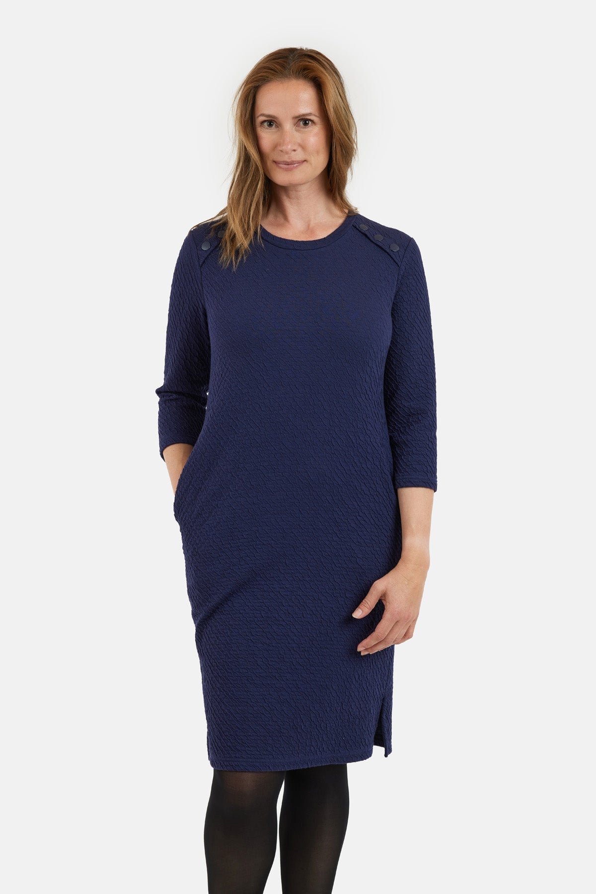 3/4 Ærmet Kjole - Navy - Knap Detalje