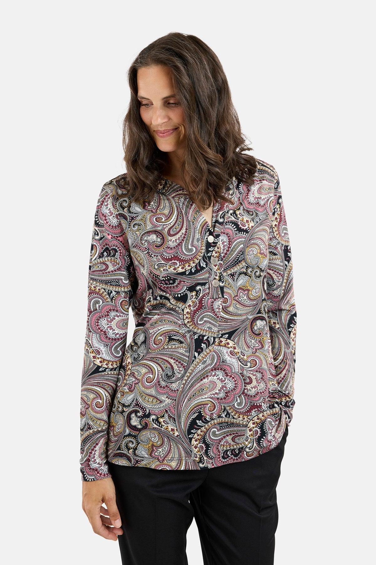 Langærmet T-shirt - Bordeaux Mix - Paisley Print