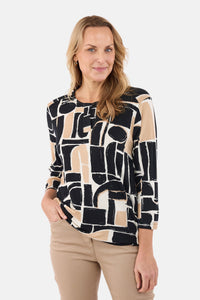 Langærmet T-shirt - Sort / Beige - Mønstret