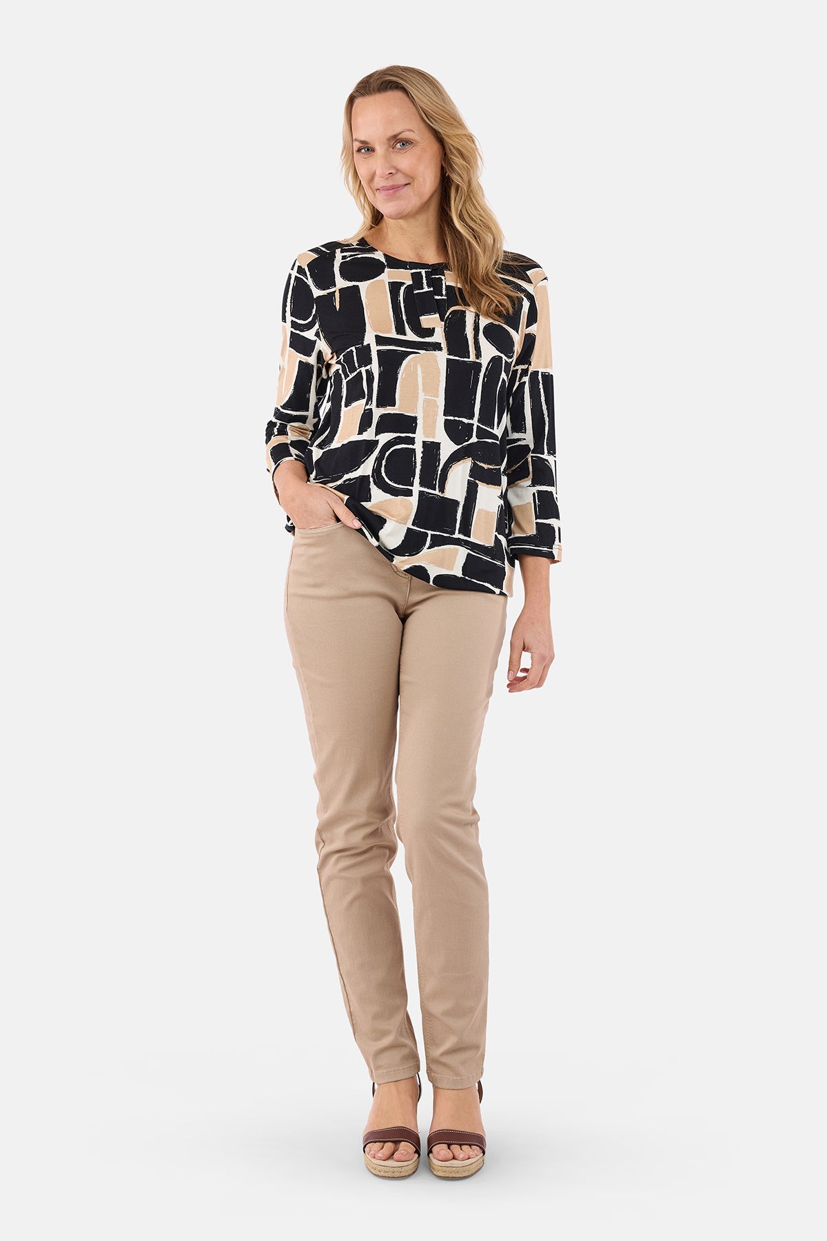 Langærmet T-shirt - Sort / Beige - Mønstret