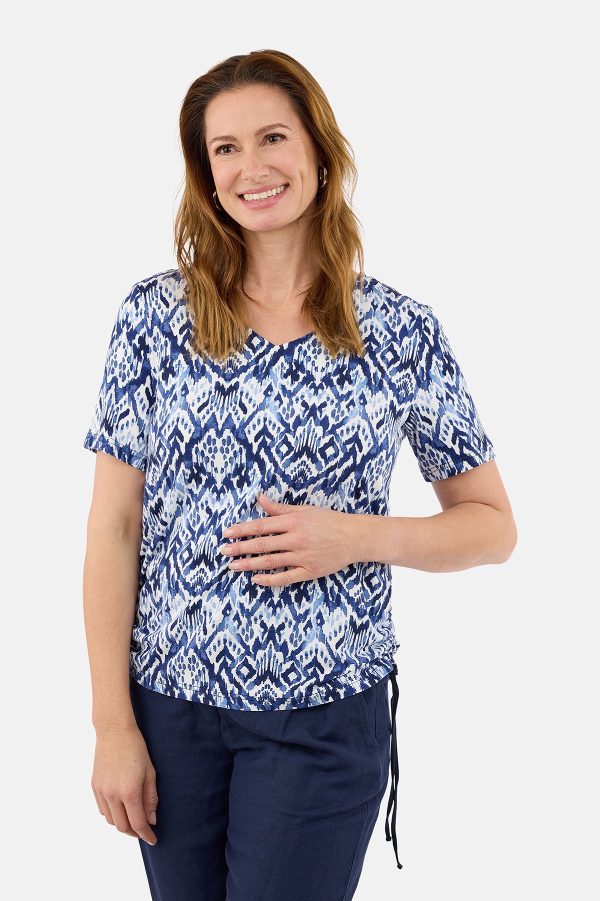 Kortærmet T-shirt - Blå Mix - Snøredetalje