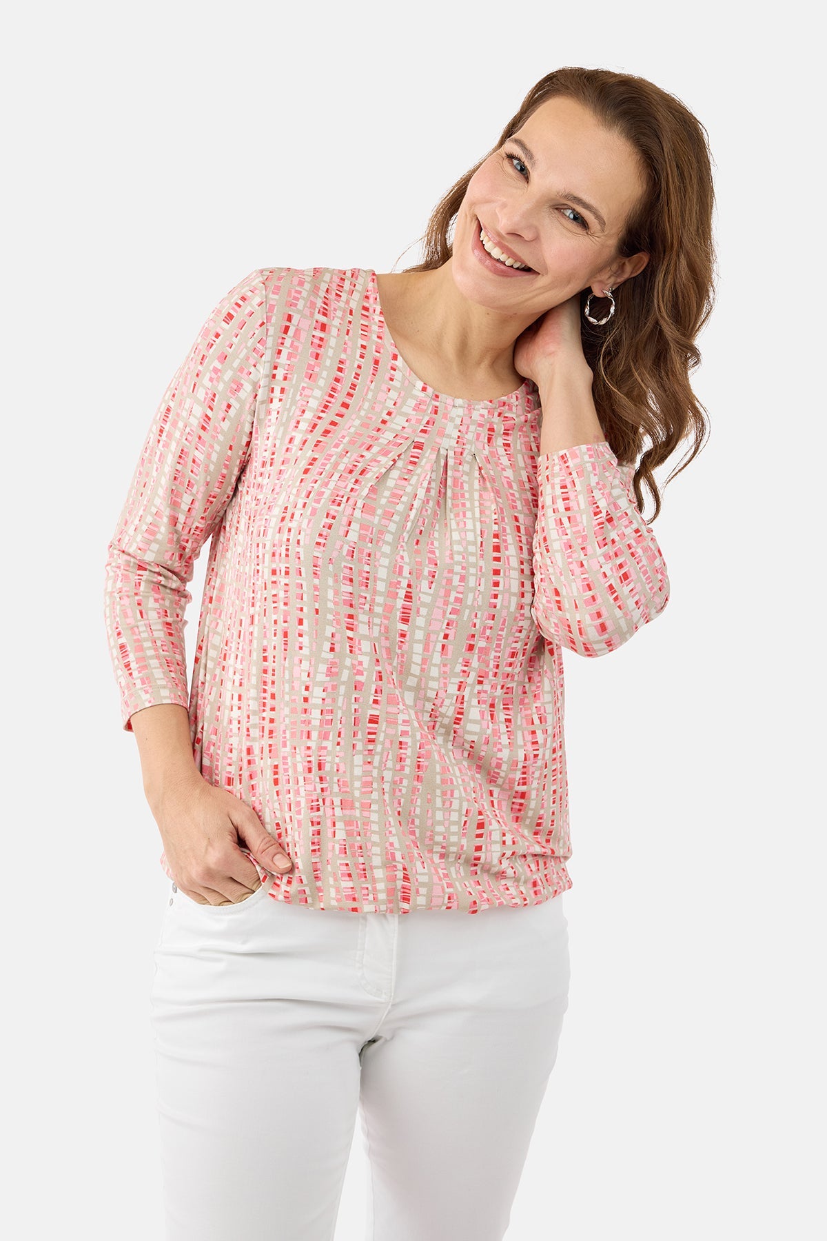 3/4 Ærmet T-shirt - Beige / Rosa - Læg Detalje