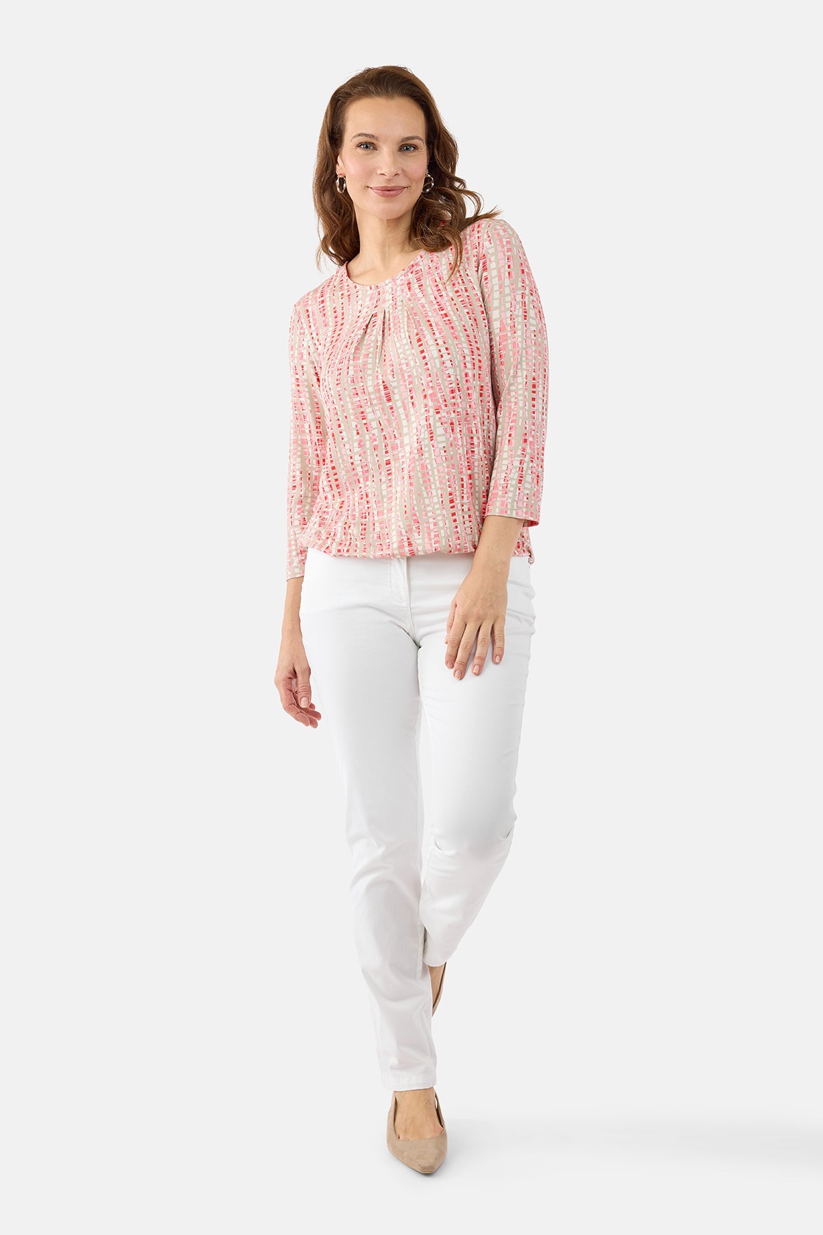 3/4 Ærmet T-shirt - Beige / Rosa - Læg Detalje