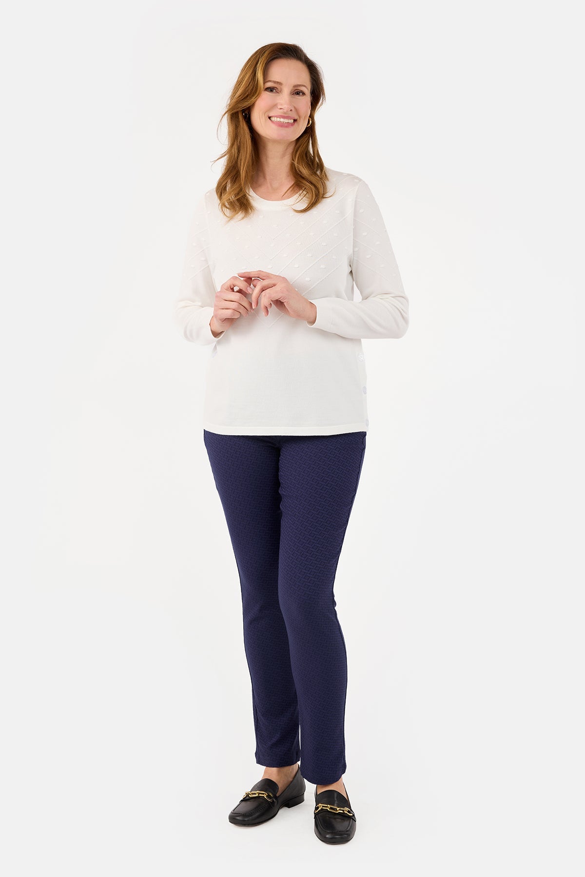 Langærmet Strik - Offwhite - Dekorative Knapper