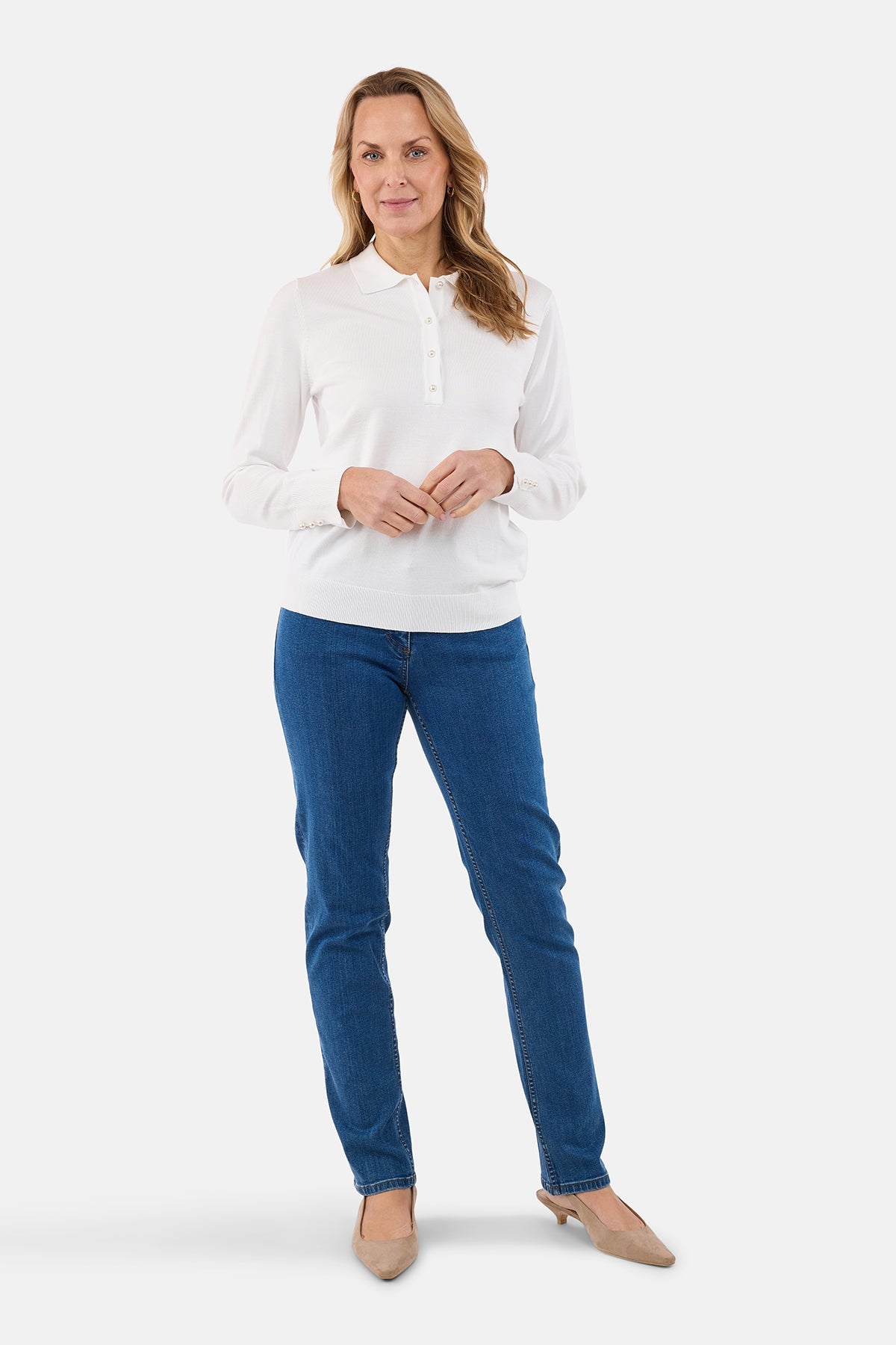 Strik Polo - Hvid - Perleknapper