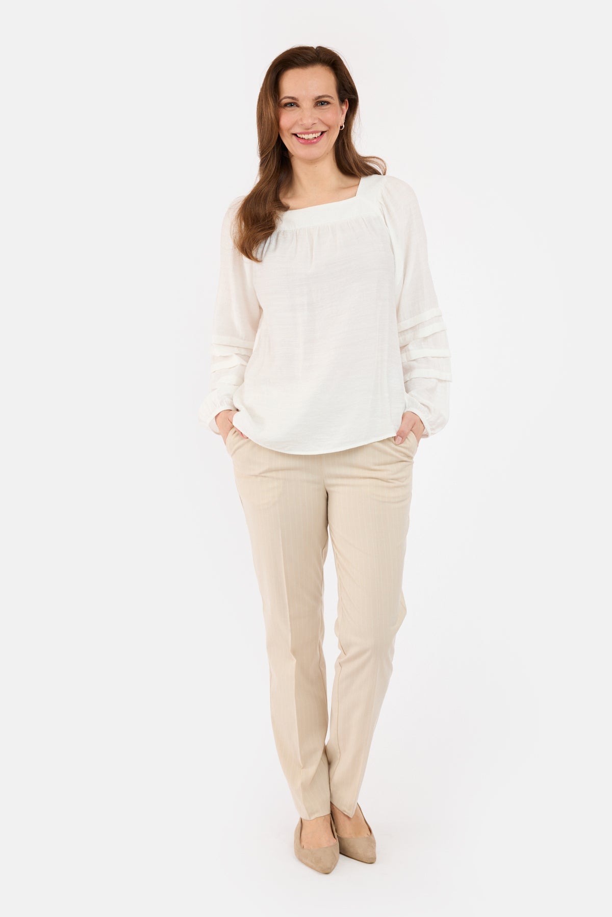 Langærmet Bluse - Offwhite - Firkantet Hals