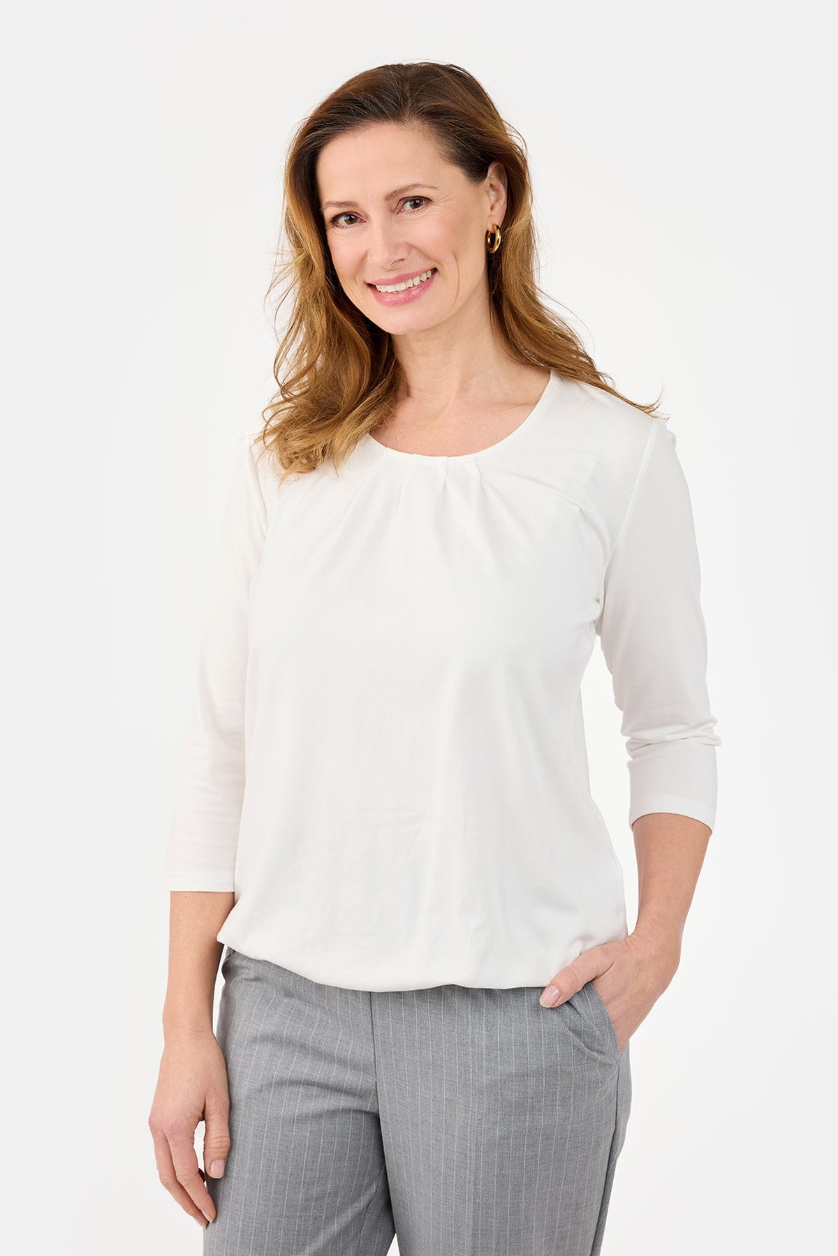 Langærmet T-shirt - Offwhite - Elastik i Linning