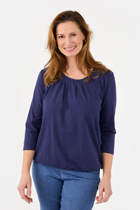 Langærmet T-shirt - Navy - Elastik i Linning