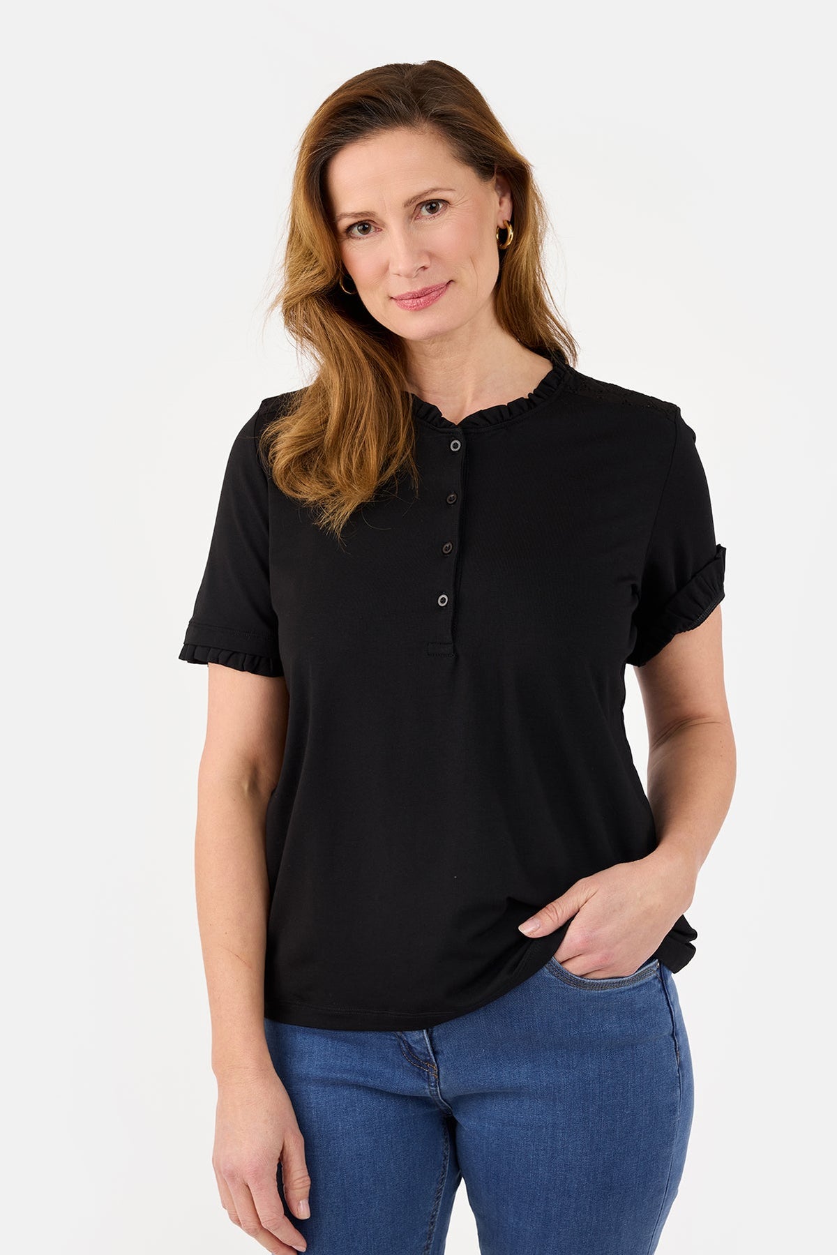 Kortærmet T-shirt - Sort - Flæsekant