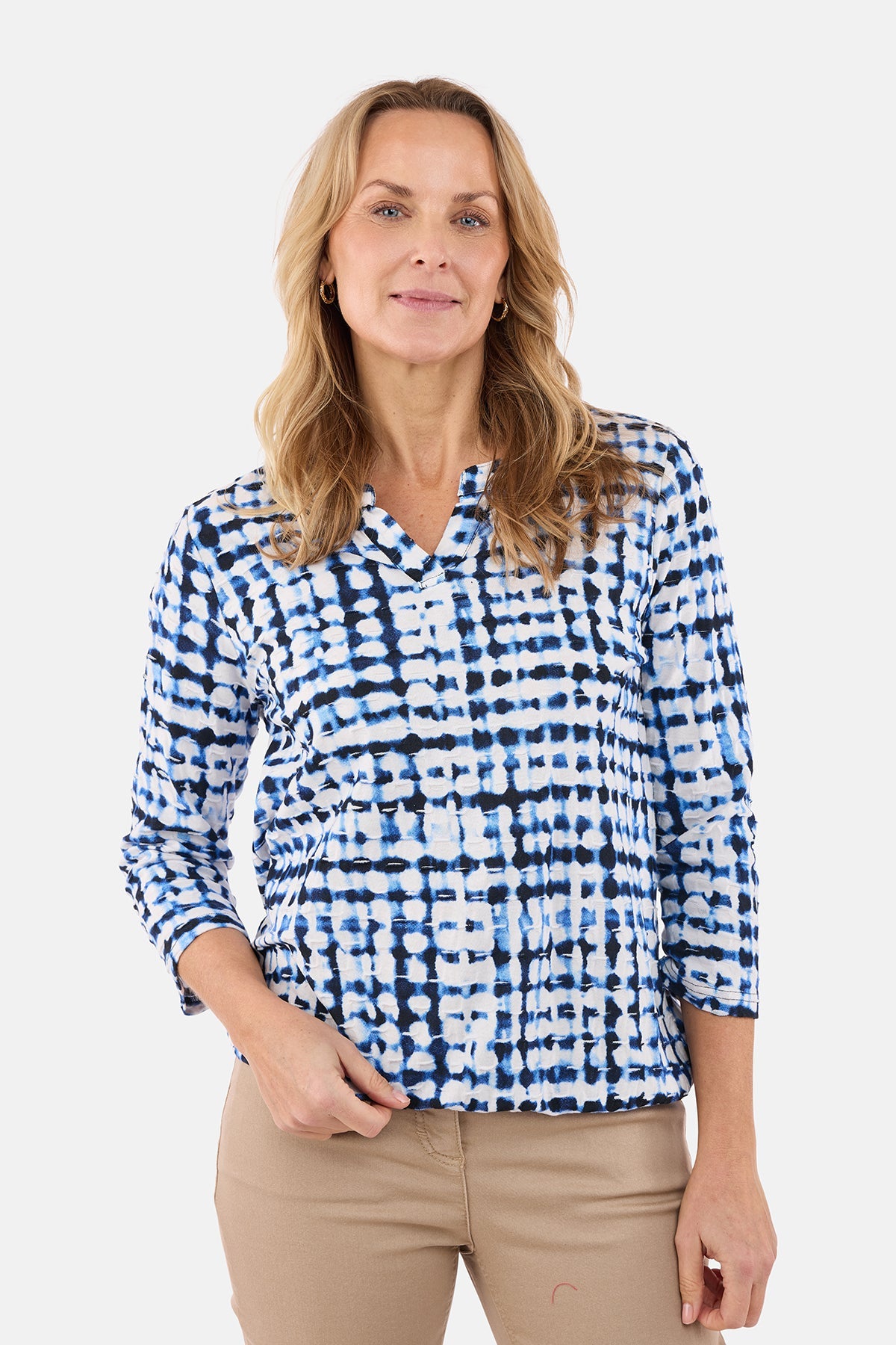 3/4 Ærmet T-shirt - Blå / Hvid - V-Hals
