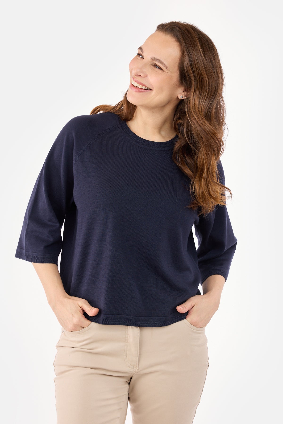 3/4 Ærmet Strik - Navy - Rund Hals