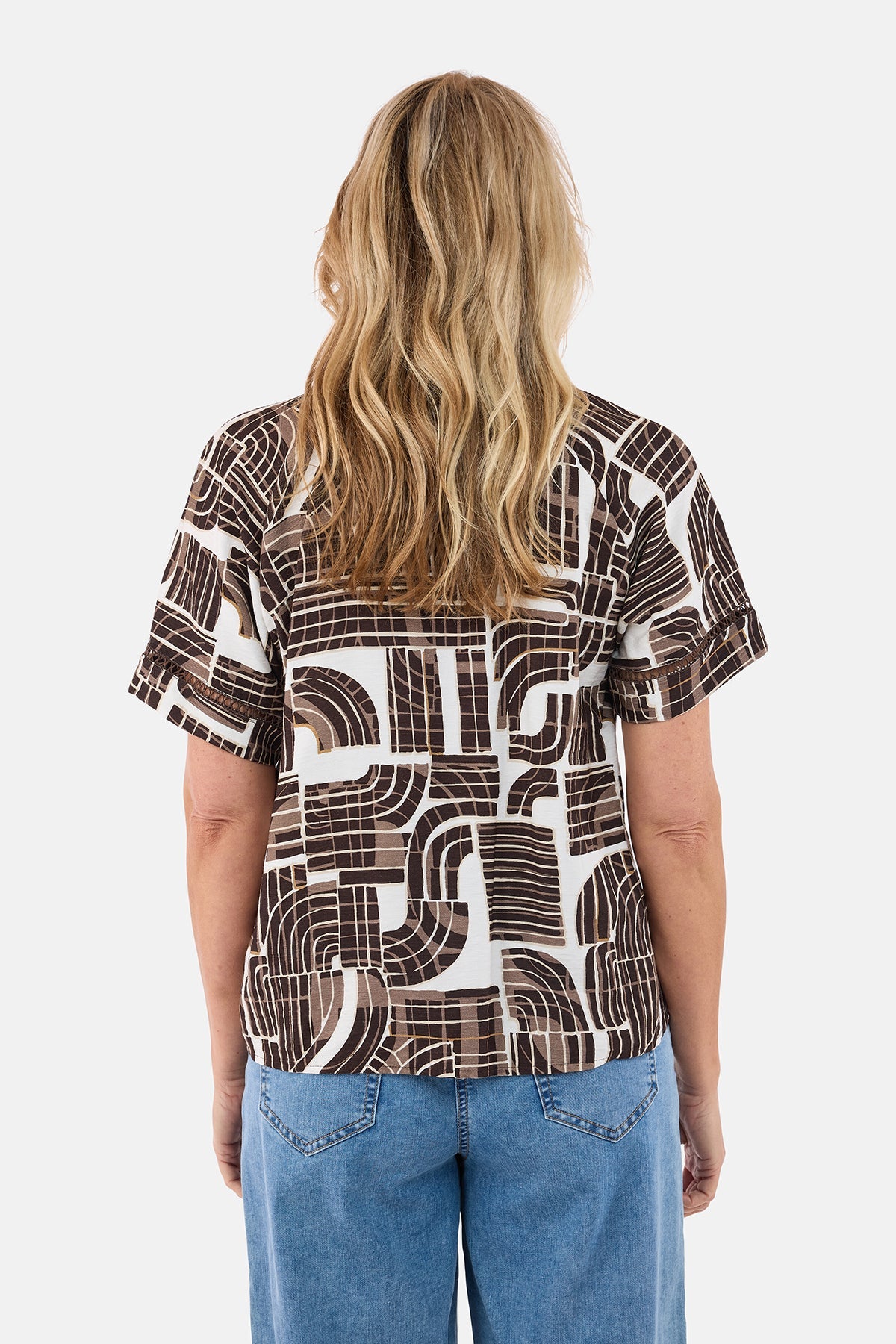 Kortærmet Bluse - Brun - Grafisk Print