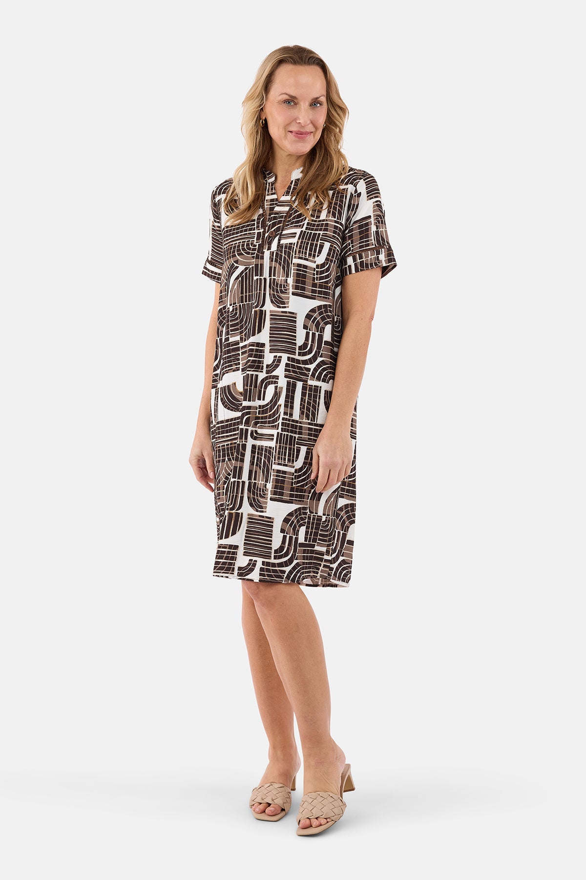 Knælang Kjole - Brun - Grafisk Print