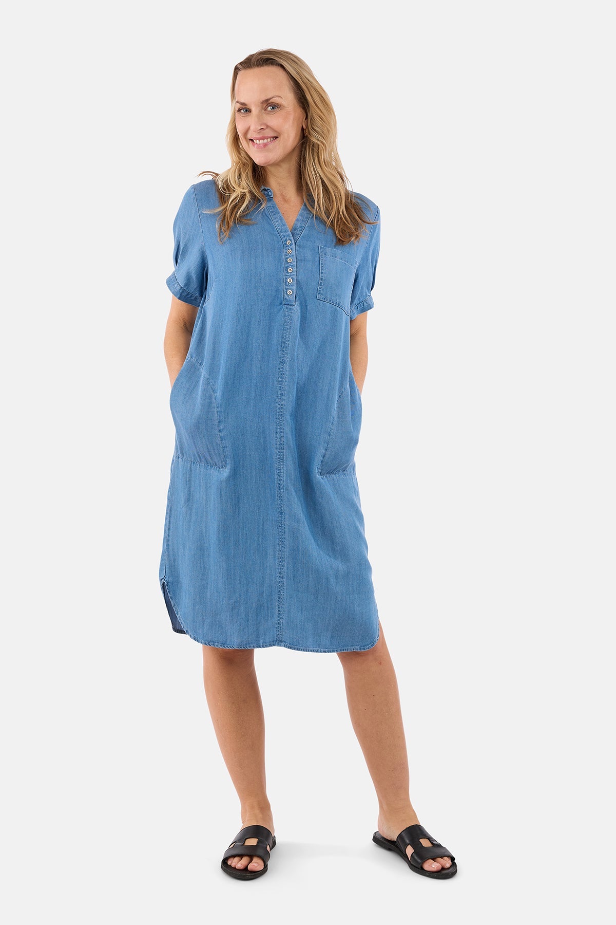 Knælang Kjole - Blå Denim - Skjortekrave