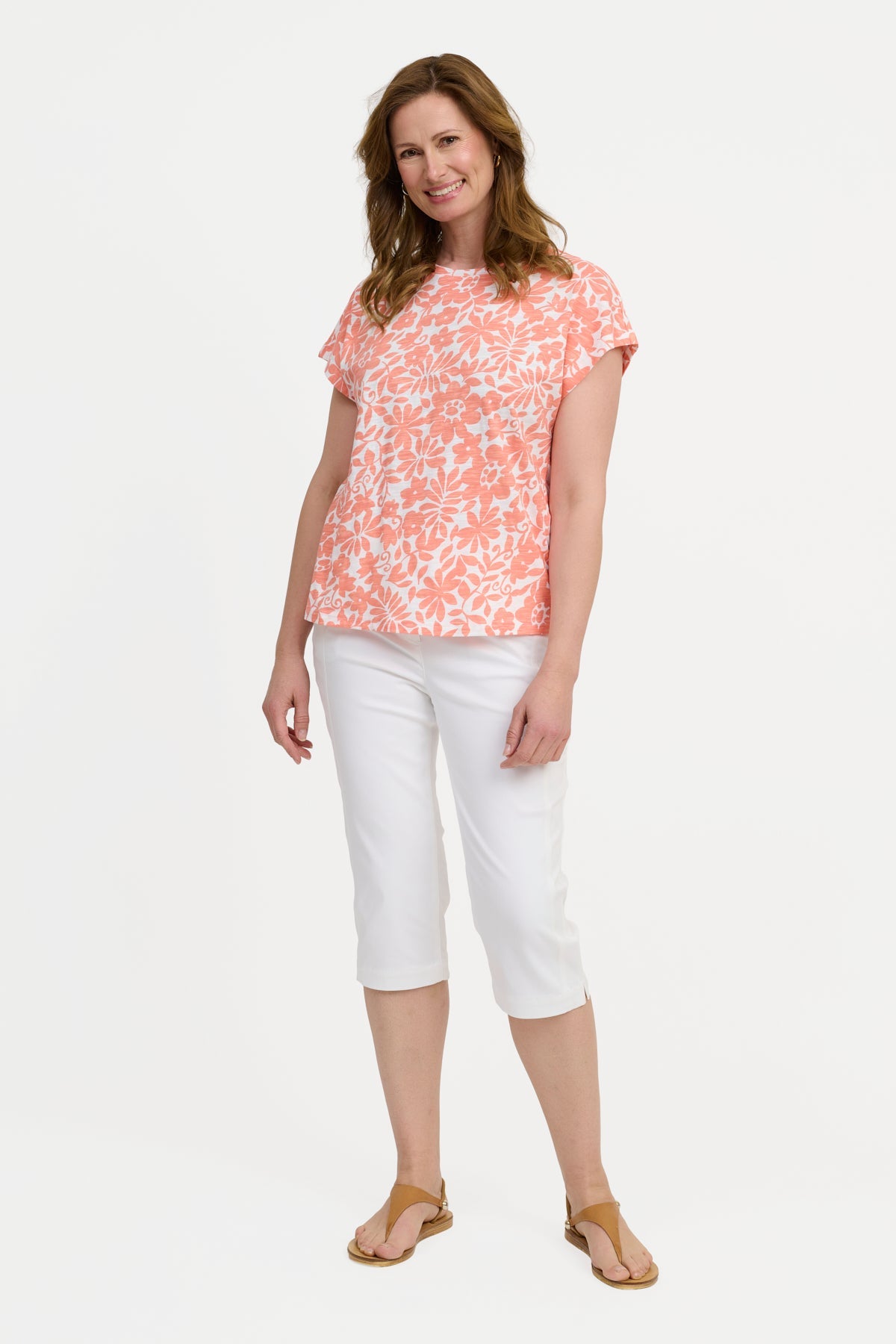 Kortærmet T-shirt - Koral - Blomsterprint