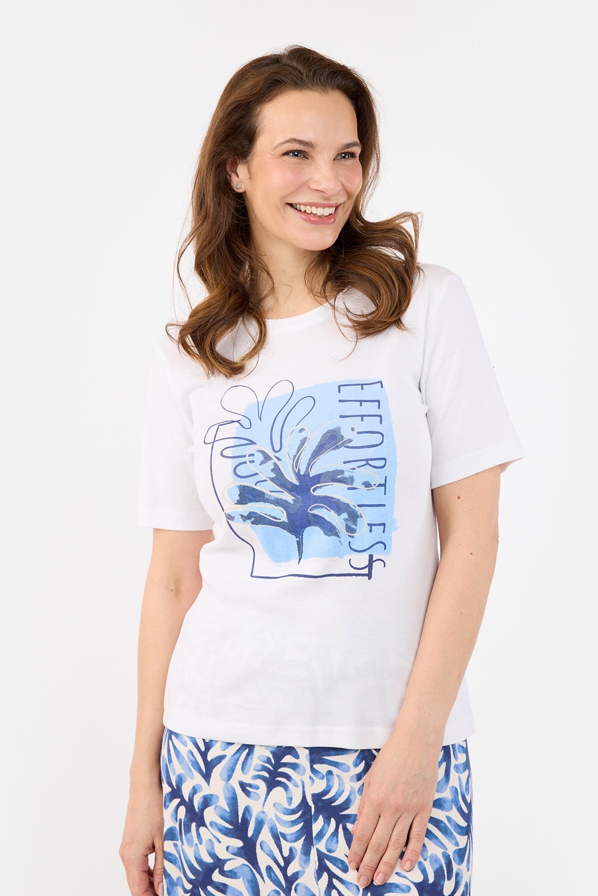 Kortærmet T-shirt - Hvid / Blå  - Med Print
