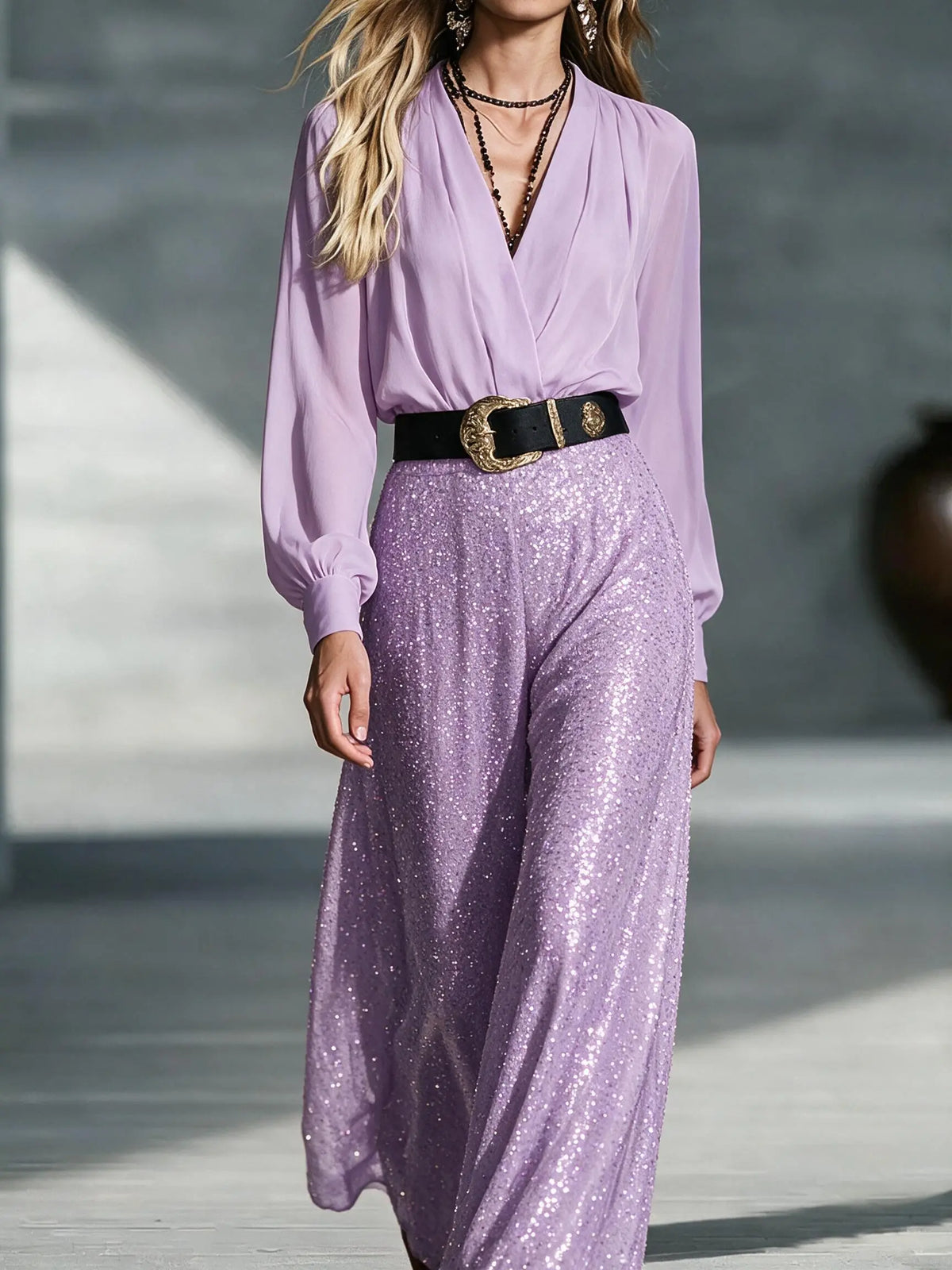 Valentina | Elegant pailletjumpsuit med V-hals, vide ben og bælte