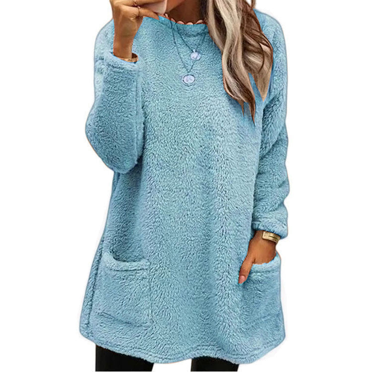 Varm damebluse med rund hals og lange ærmer