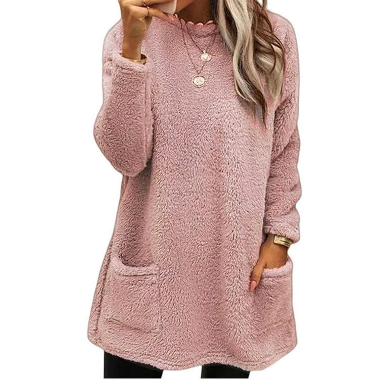 Varm damebluse med rund hals og lange ærmer