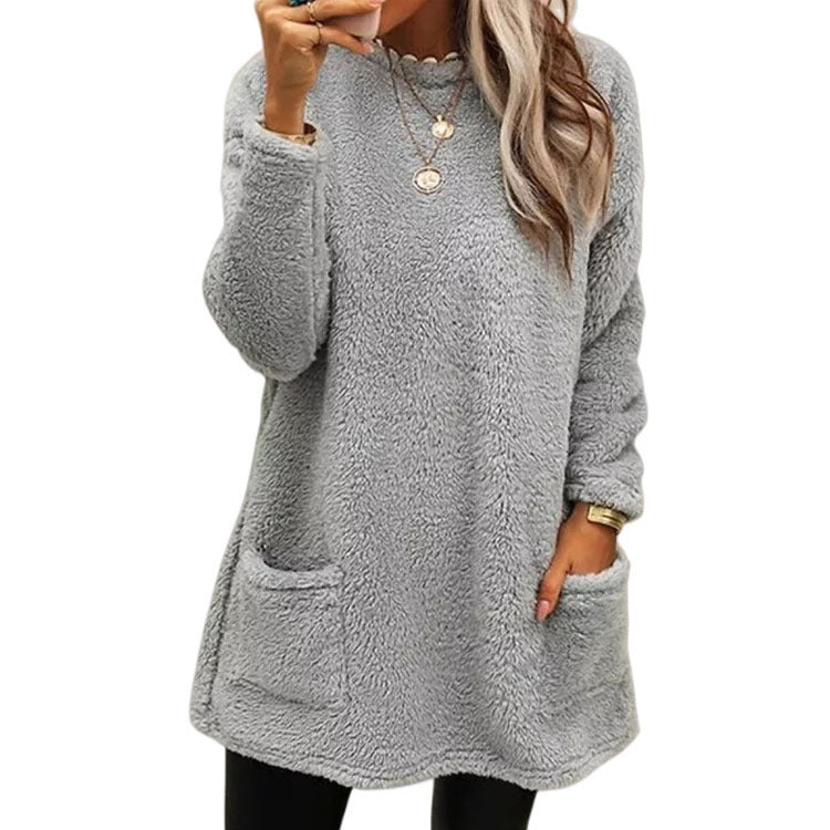 Varm damebluse med rund hals og lange ærmer