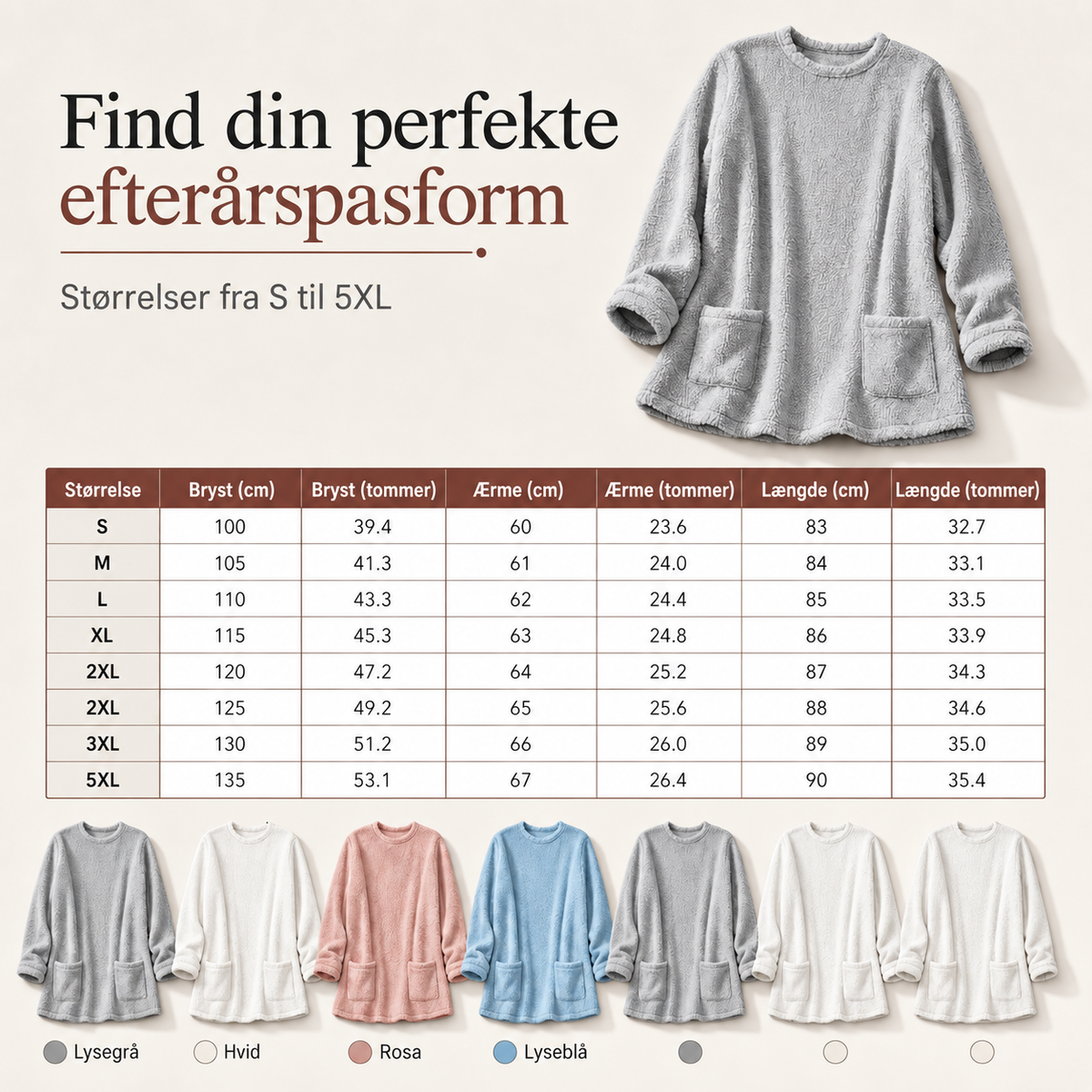 Varm damebluse – Størrelsesguide